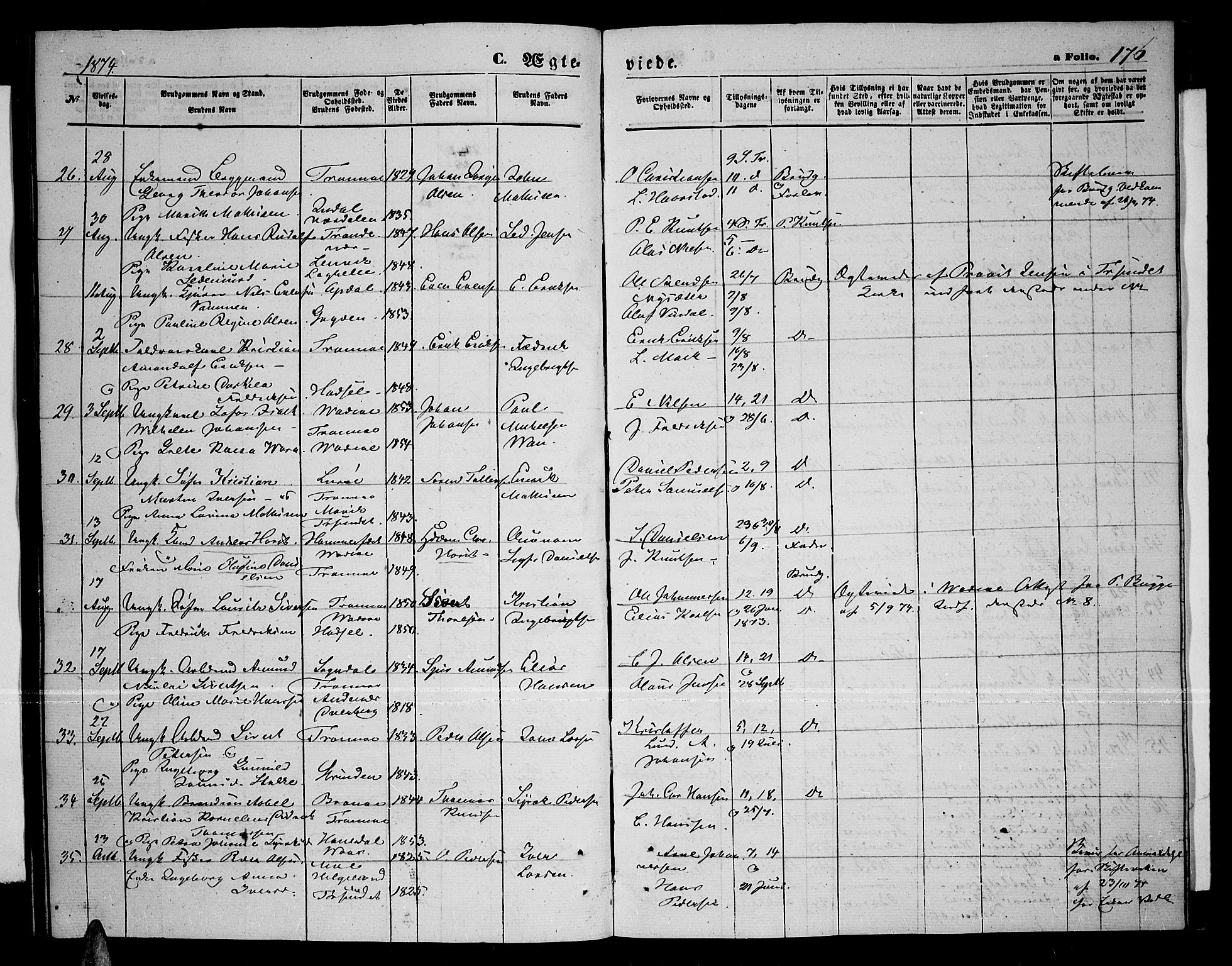 Tromsø sokneprestkontor/stiftsprosti/domprosti, AV/SATØ-S-1343/G/Gb/L0007klokker: Parish register (copy) no. 7, 1867-1875, p. 176