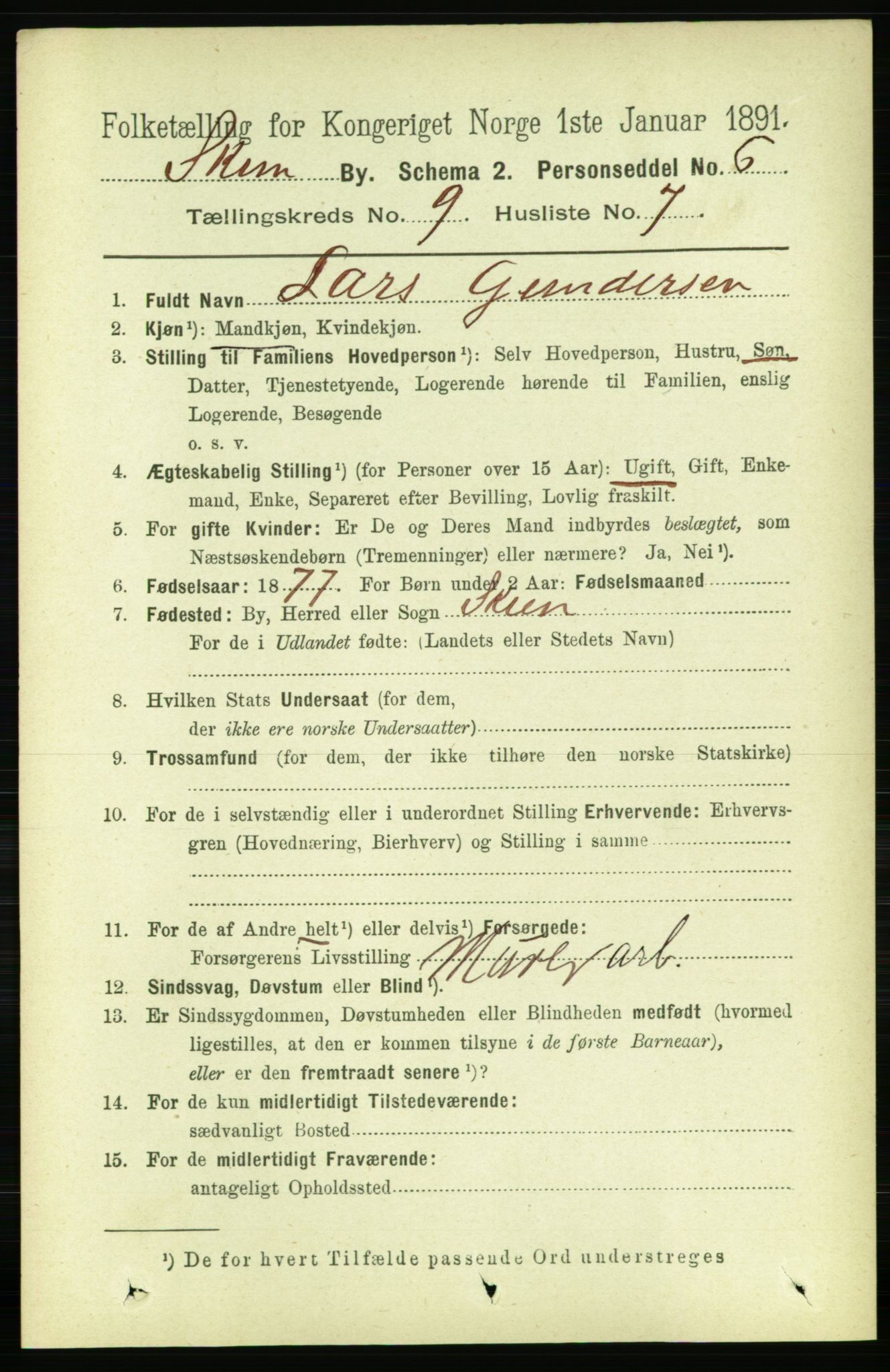 RA, 1891 census for 0806 Skien, 1891, p. 3576