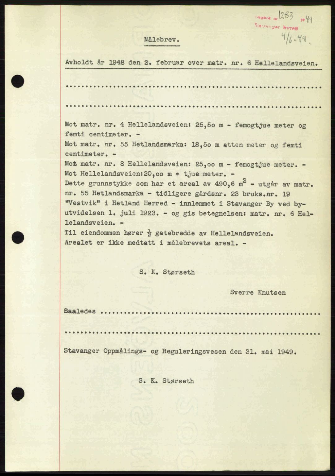 Stavanger byrett, SAST/A-100455/002/G/Gb/L0023: Mortgage book no. A12, 1948-1949, Diary no: : 1283/1949