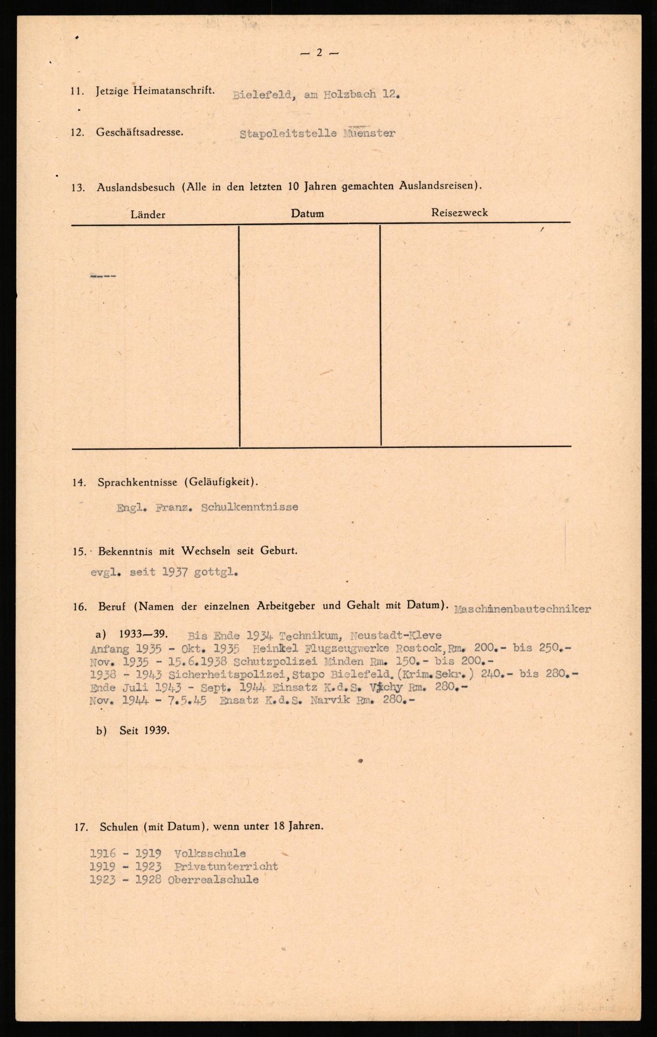 Forsvaret, Forsvarets overkommando II, AV/RA-RAFA-3915/D/Db/L0018: CI Questionaires. Tyske okkupasjonsstyrker i Norge. Tyskere., 1945-1946, p. 12