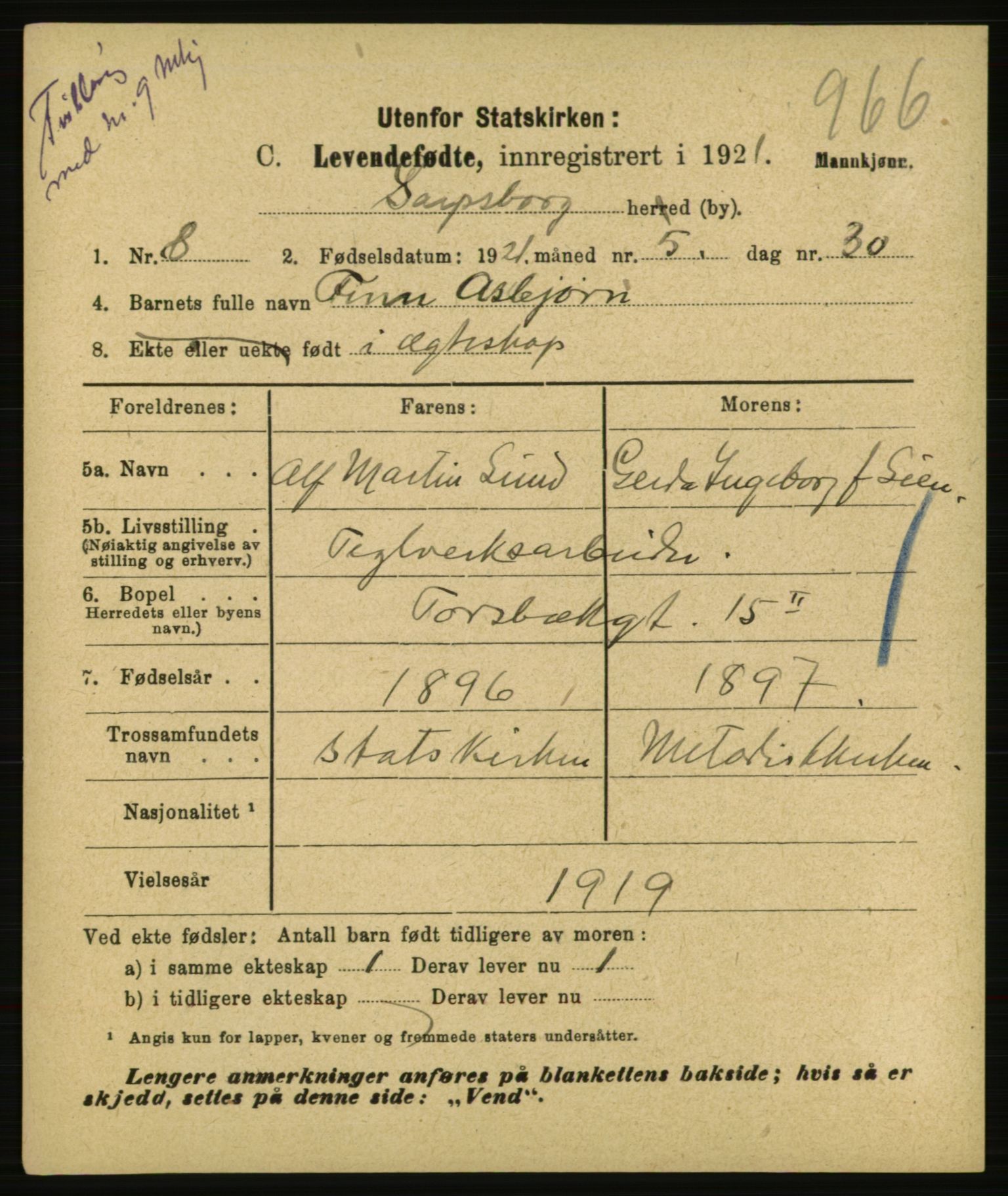 Statistisk sentralbyrå, Sosiodemografiske emner, Befolkning, AV/RA-S-2228/E/L0019: Fødte, gifte, døde dissentere., 1921, p. 7