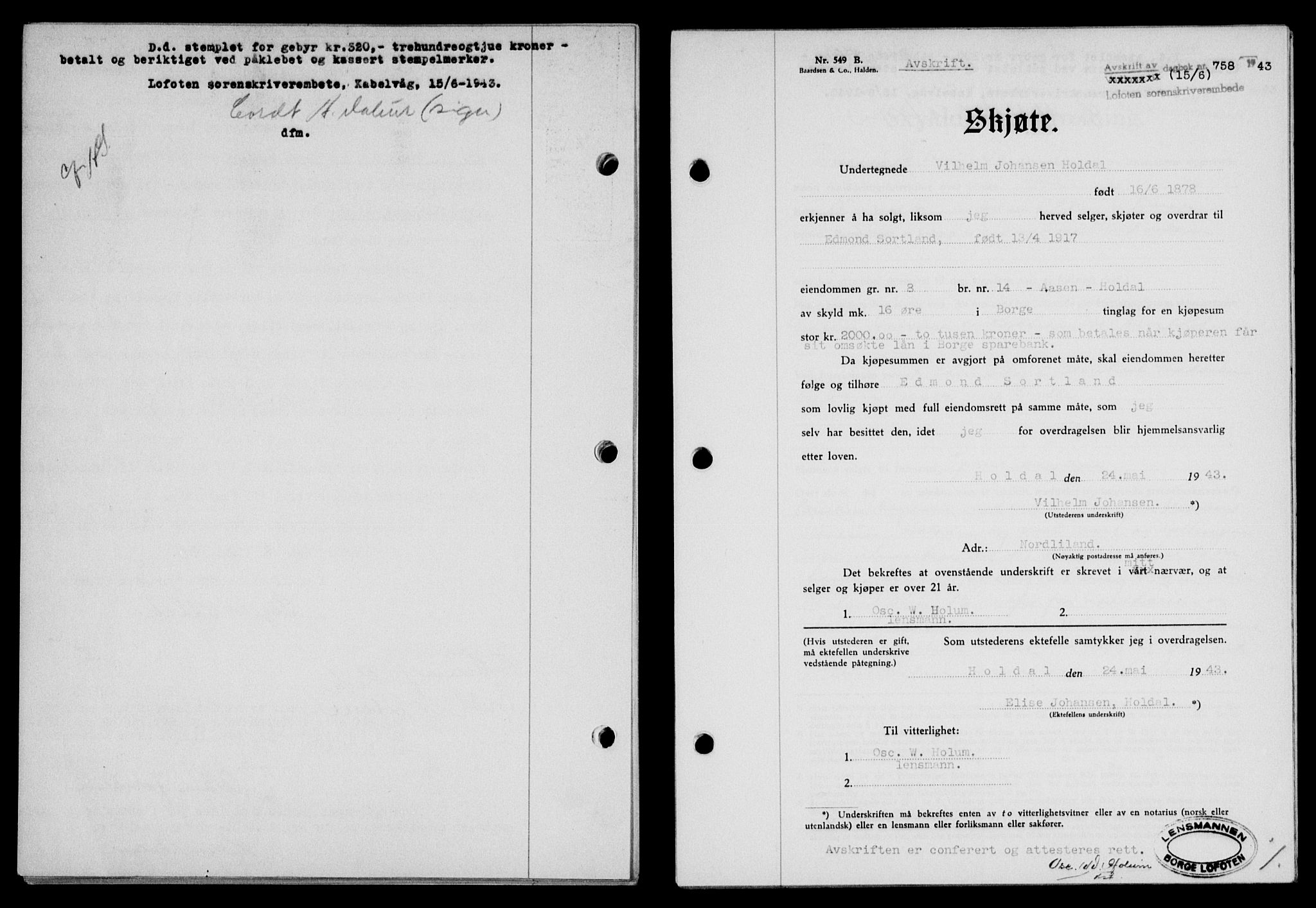 Lofoten sorenskriveri, SAT/A-0017/1/2/2C/L0011a: Mortgage book no. 11a, 1943-1943, Diary no: : 758/1943