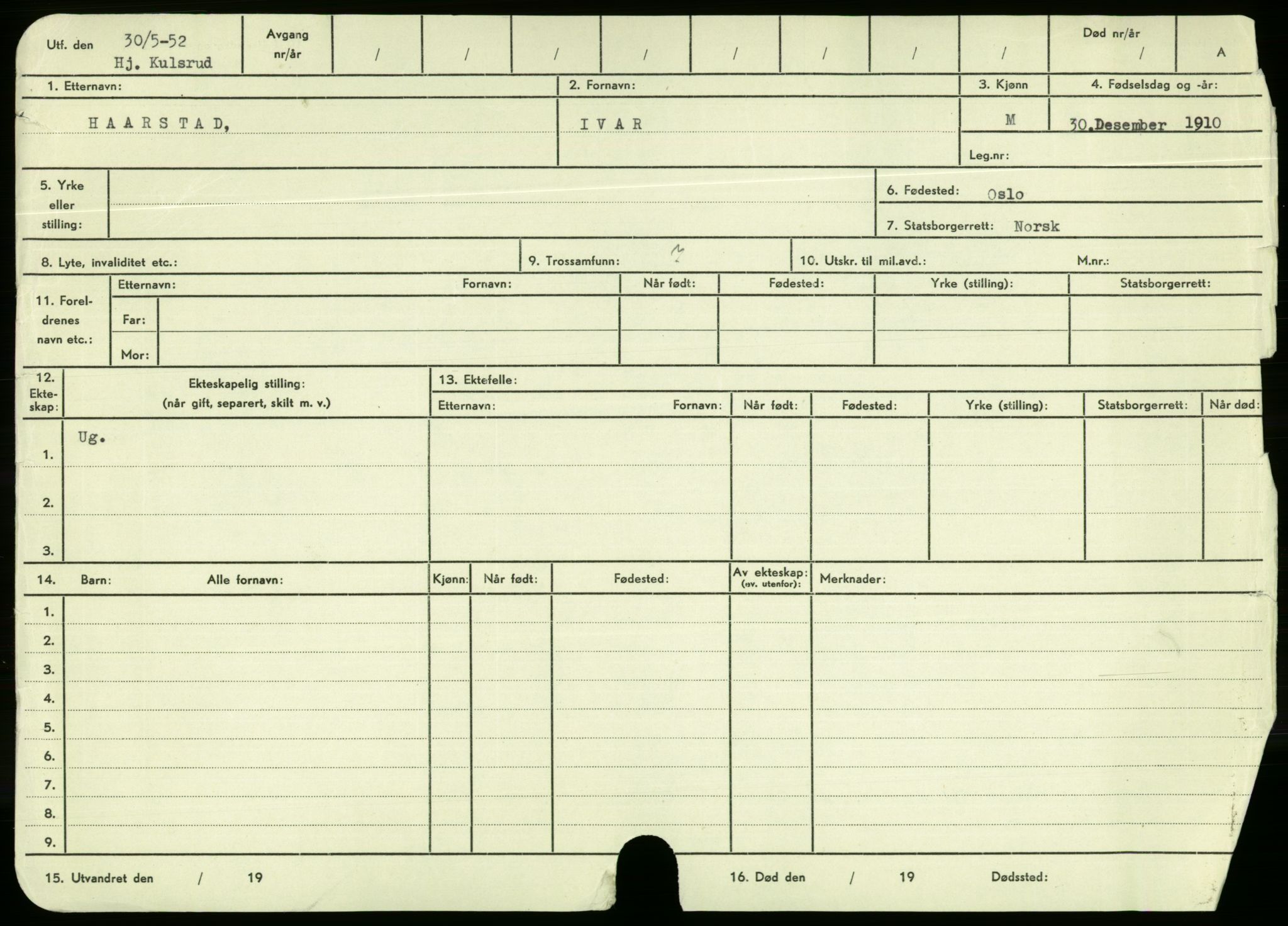 Oslo folkeregister, Registerkort, AV/SAO-A-11715/F/Fa/Fac/L0003: Menn, 1906-1914, p. 954b