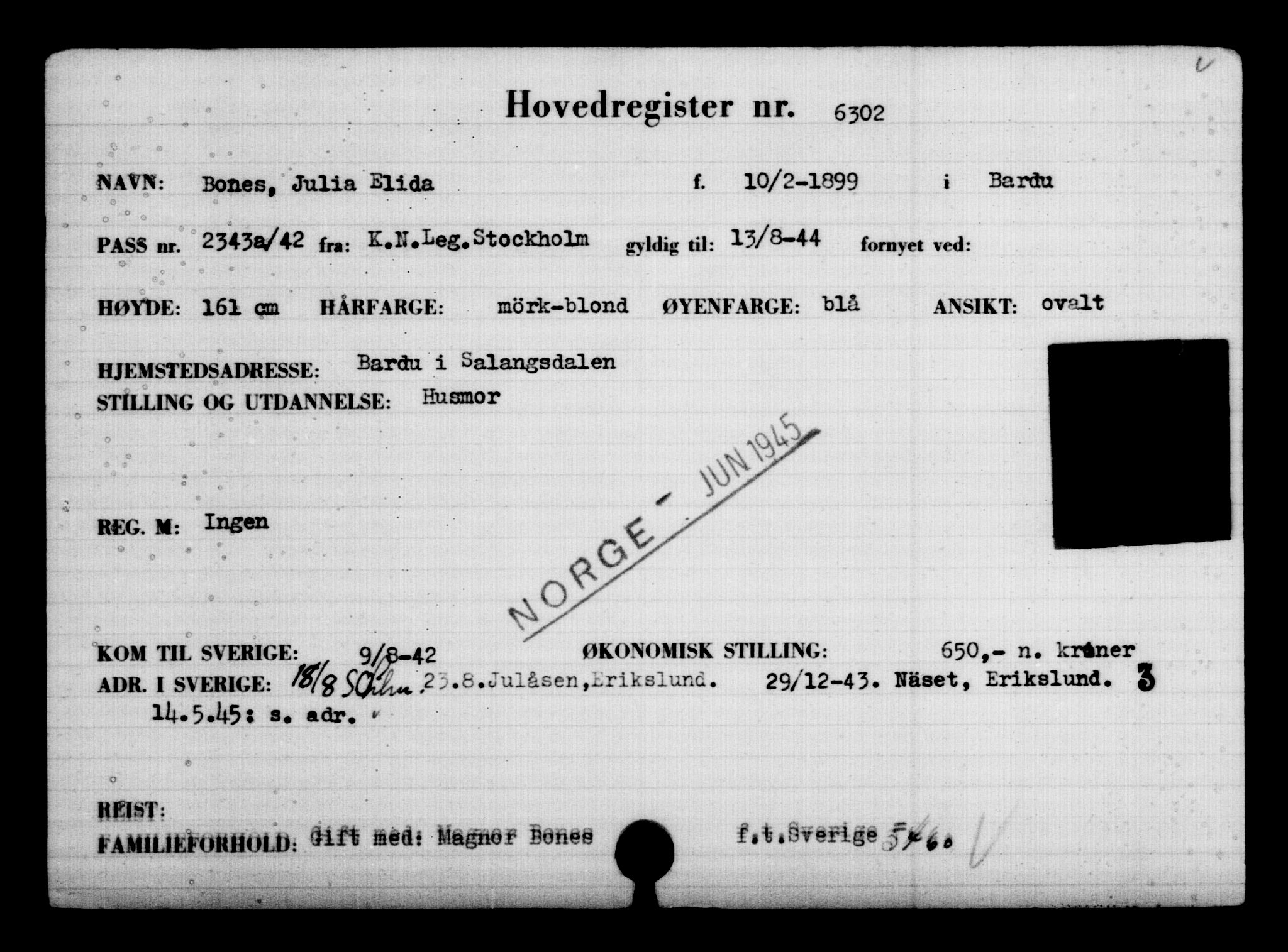 Utenriksstasjonene, Legasjonen i Stockholm, Flyktningkontoret, AV/RA-S-6753/V/Va/L0004: Kjesäterkartoteket, flyktninger med registreringsnr. 3496-6610, 1940-1945, p. 3312