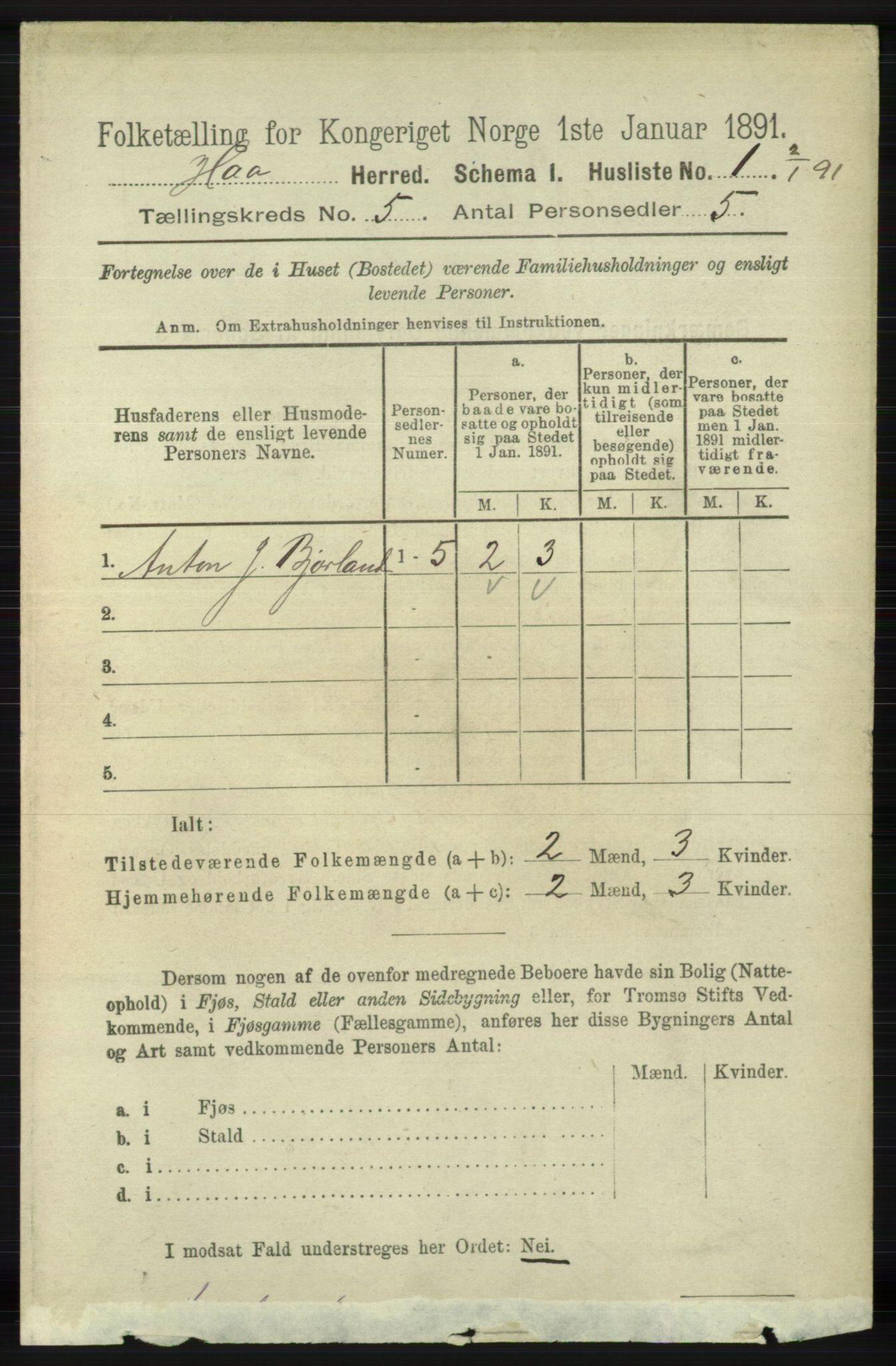 RA, 1891 census for 1119 Hå, 1891, p. 1287