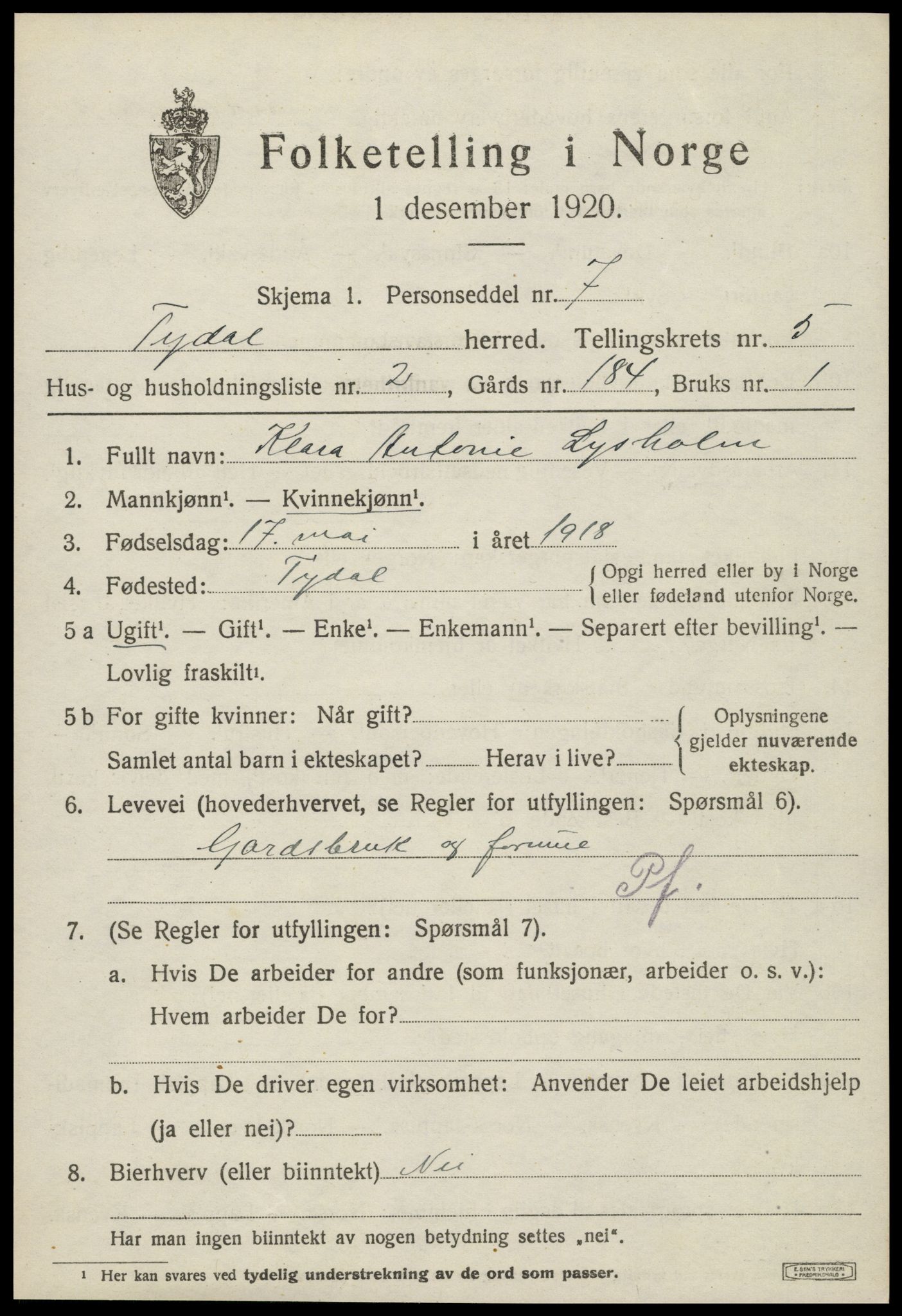 SAT, 1920 census for Tydal, 1920, p. 1735