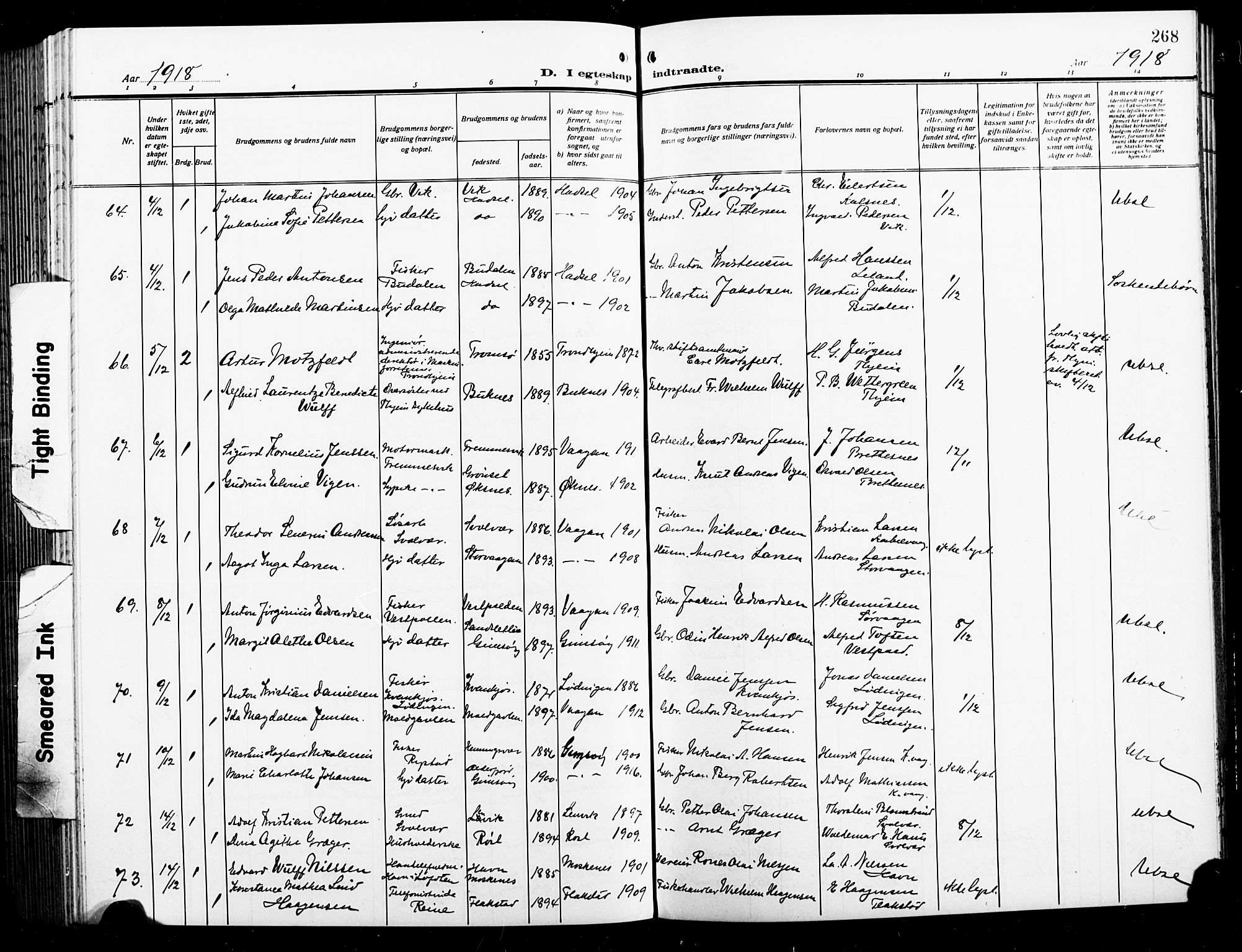 Ministerialprotokoller, klokkerbøker og fødselsregistre - Nordland, AV/SAT-A-1459/874/L1080: Parish register (copy) no. 874C09, 1915-1925, p. 268