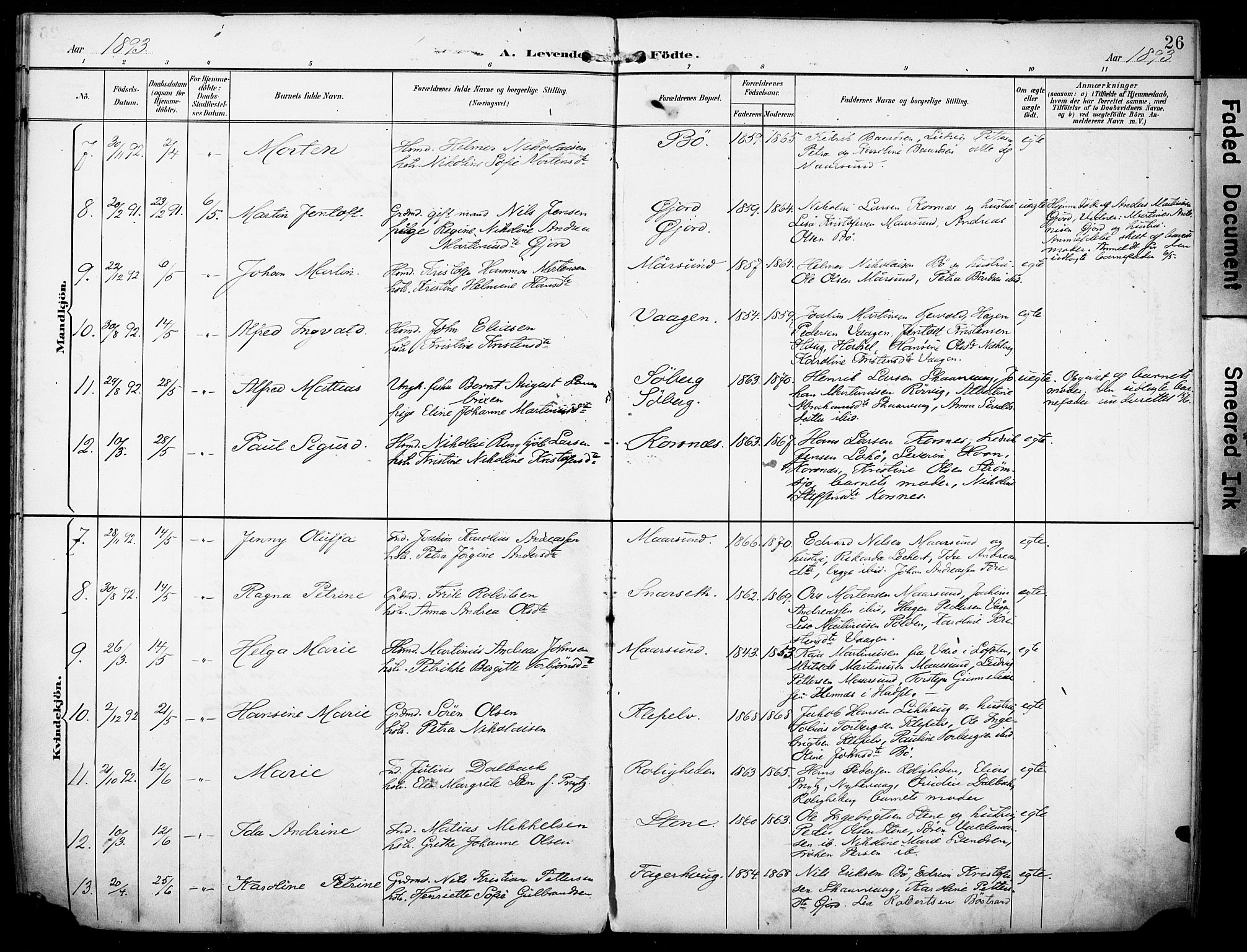 Ministerialprotokoller, klokkerbøker og fødselsregistre - Nordland, AV/SAT-A-1459/891/L1303: Parish register (official) no. 891A08, 1891-1894, p. 26