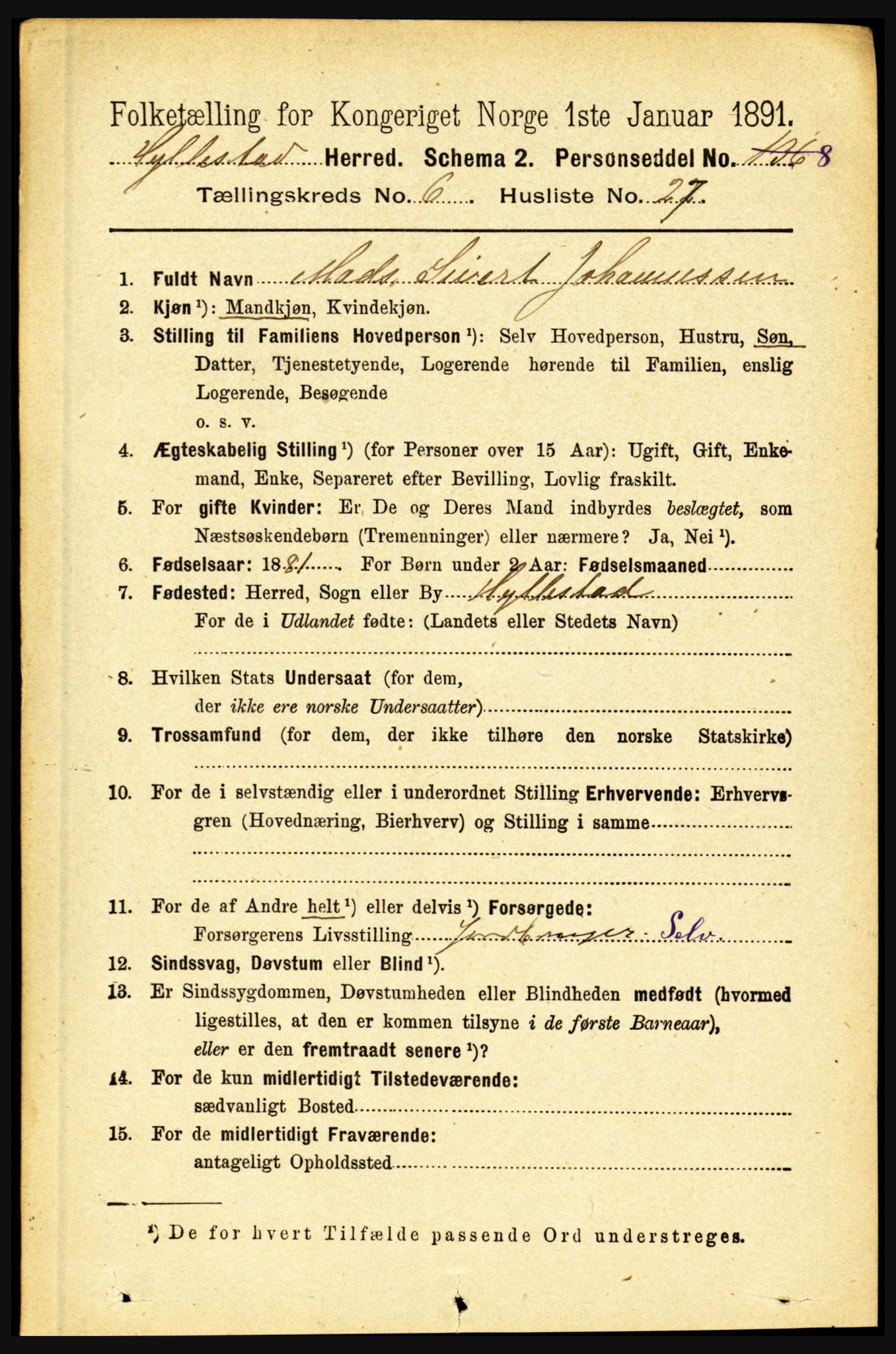 RA, 1891 census for 1413 Hyllestad, 1891, p. 1155