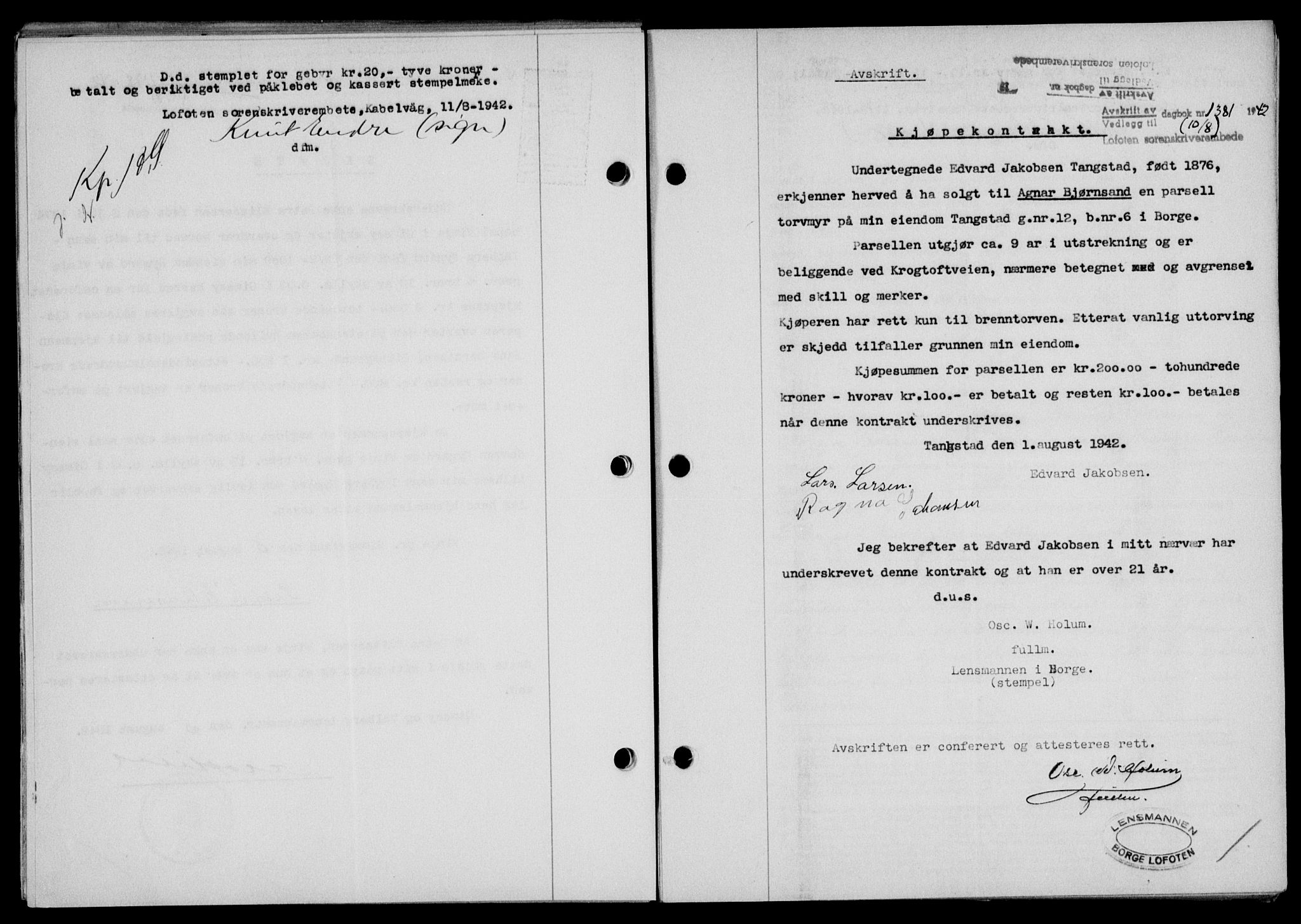 Lofoten sorenskriveri, SAT/A-0017/1/2/2C/L0010a: Mortgage book no. 10a, 1942-1943, Diary no: : 1381/1942