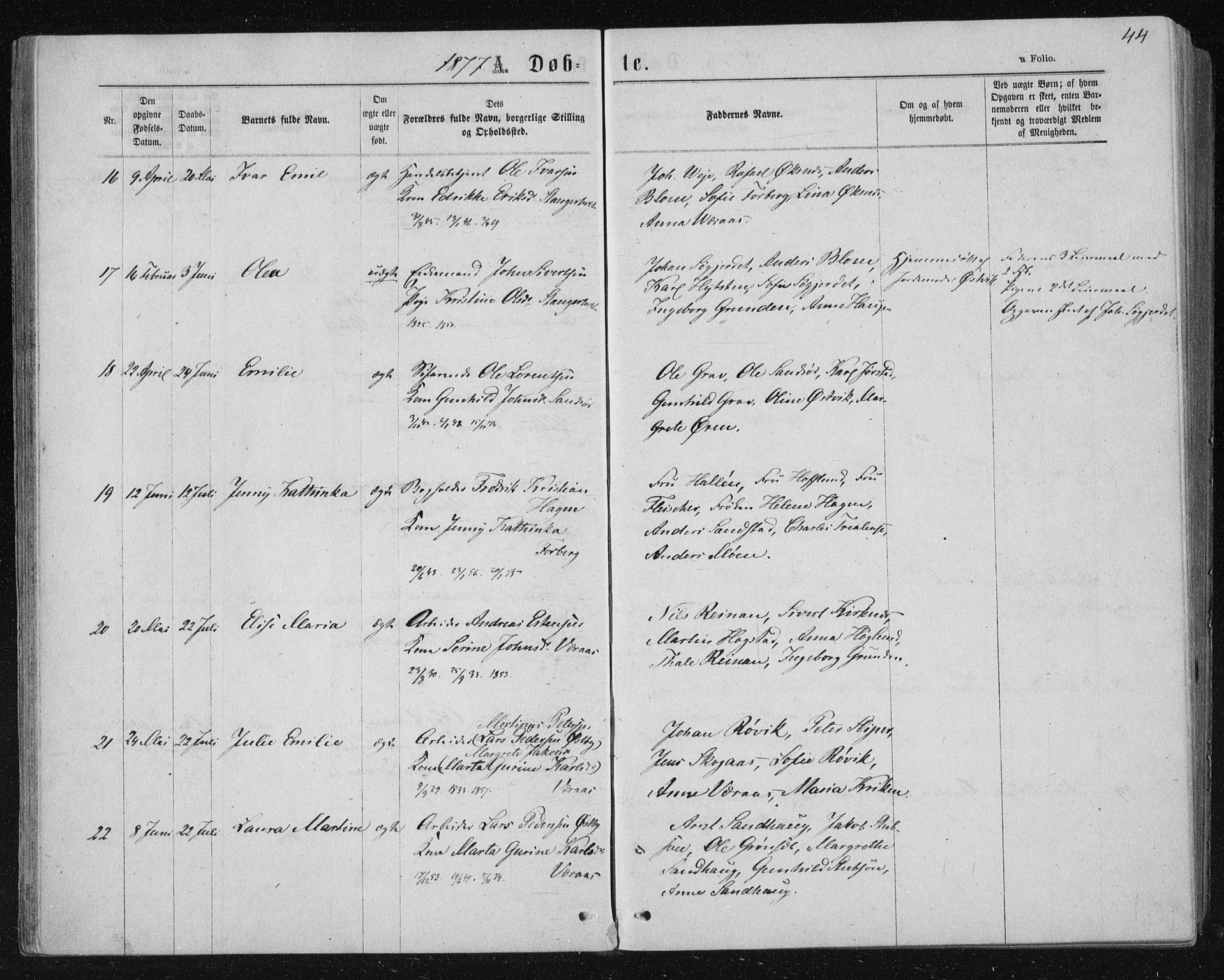 Ministerialprotokoller, klokkerbøker og fødselsregistre - Nord-Trøndelag, AV/SAT-A-1458/722/L0219: Parish register (official) no. 722A06, 1868-1880, p. 44