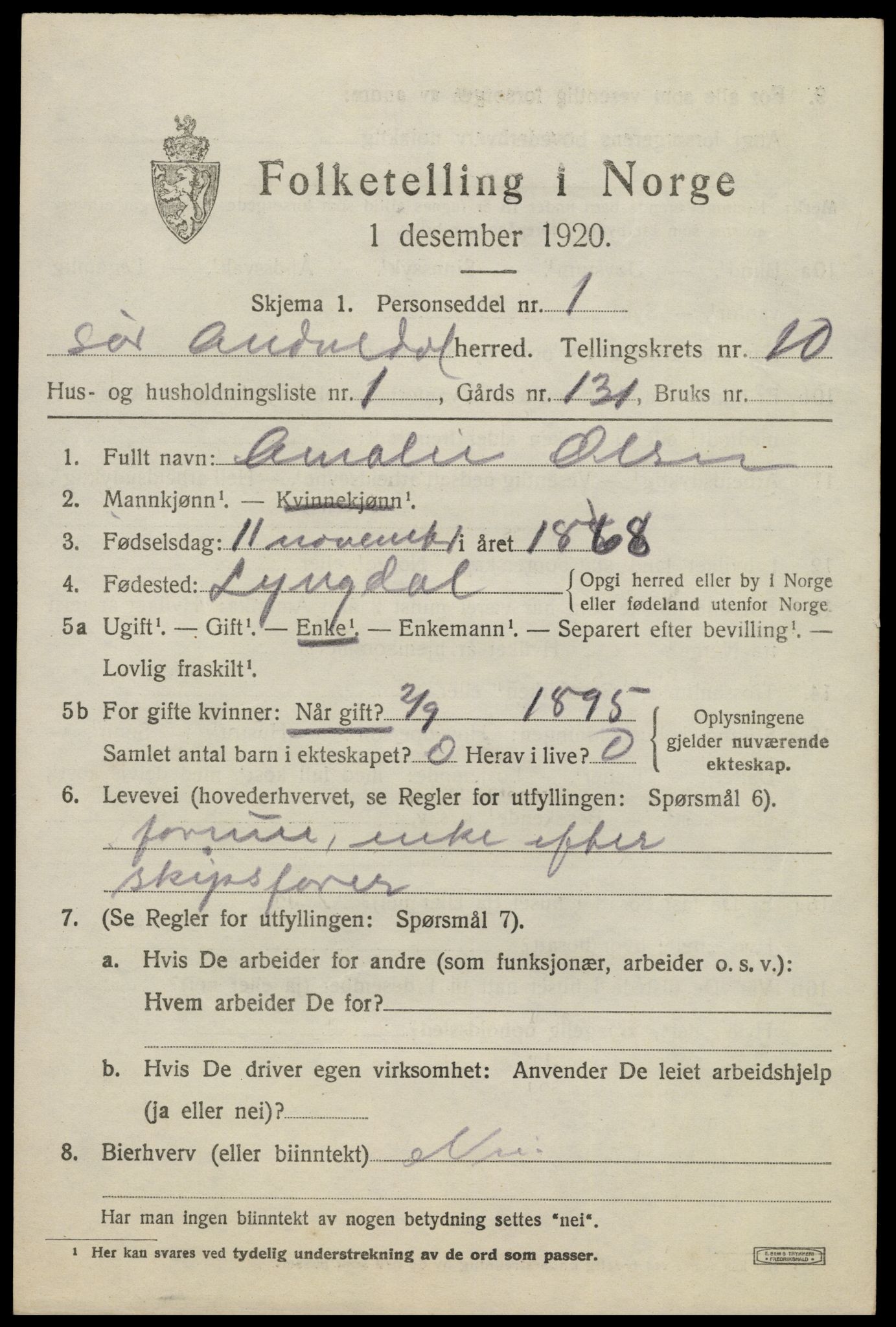 SAK, 1920 census for Sør-Audnedal, 1920, p. 3831