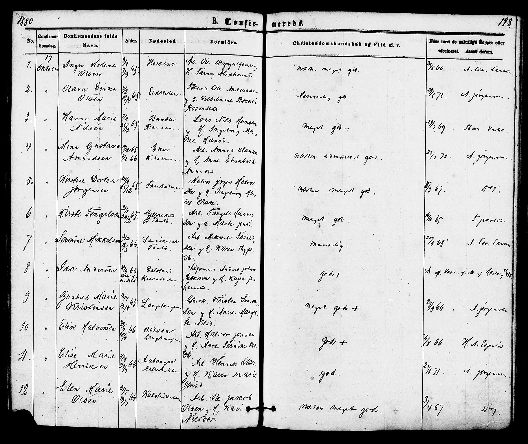 Skåtøy kirkebøker, AV/SAKO-A-304/F/Fa/L0001: Parish register (official) no. I 1, 1874-1883, p. 198