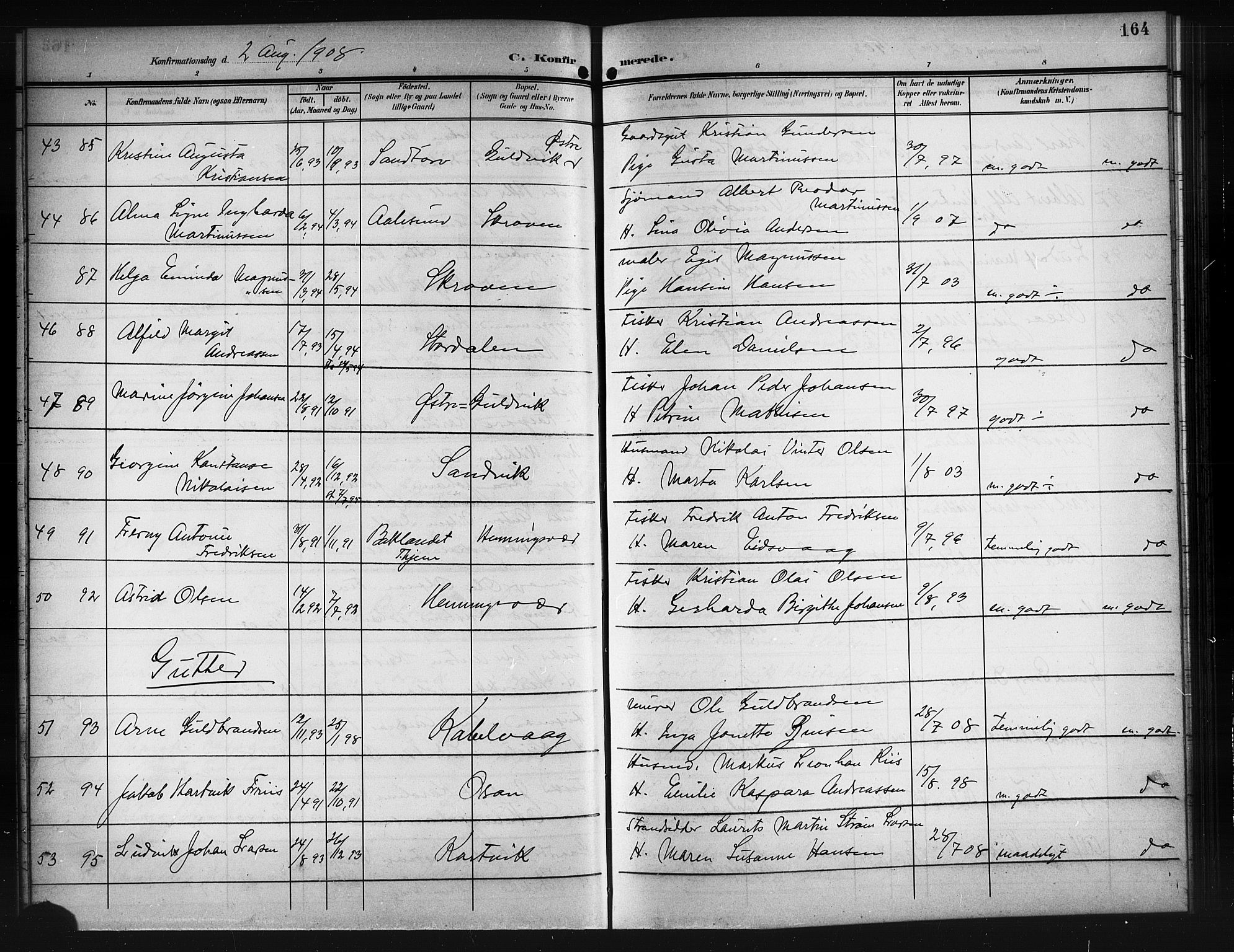 Ministerialprotokoller, klokkerbøker og fødselsregistre - Nordland, SAT/A-1459/874/L1079: Parish register (copy) no. 874C08, 1907-1915, p. 164