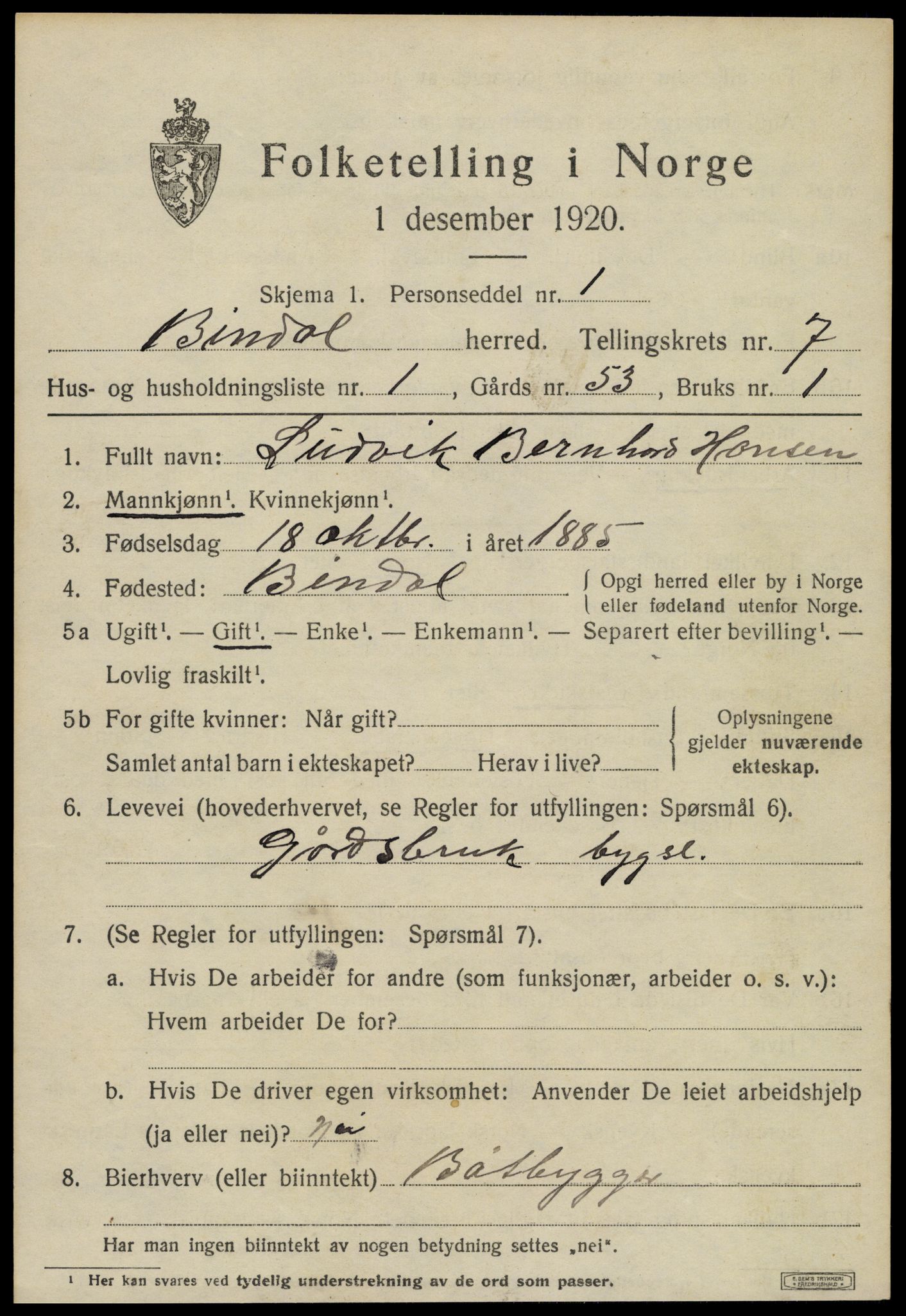 SAT, 1920 census for Bindal, 1920, p. 5581