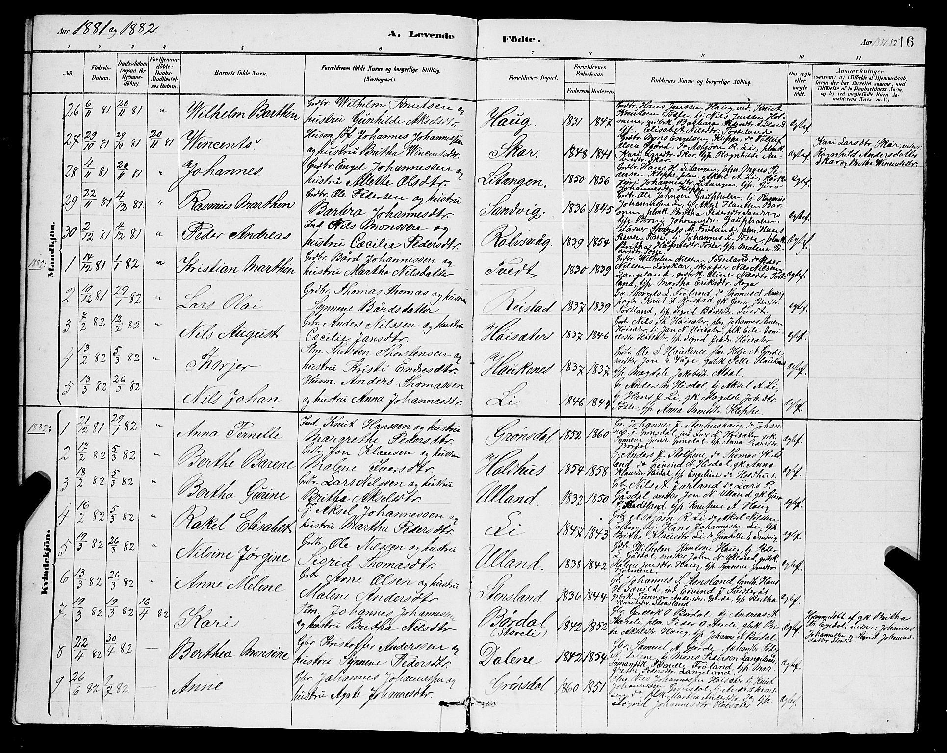 Samnanger Sokneprestembete, AV/SAB-A-77501/H/Hab: Parish register (copy) no. A 2, 1879-1897, p. 16