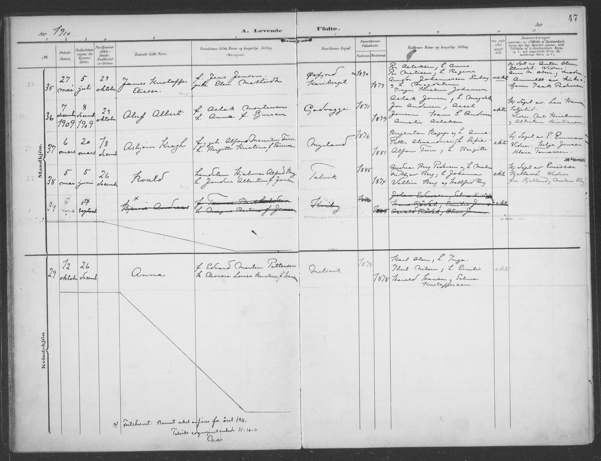 Talvik sokneprestkontor, SATØ/S-1337/H/Ha/L0017kirke: Parish register (official) no. 17, 1906-1915, p. 47