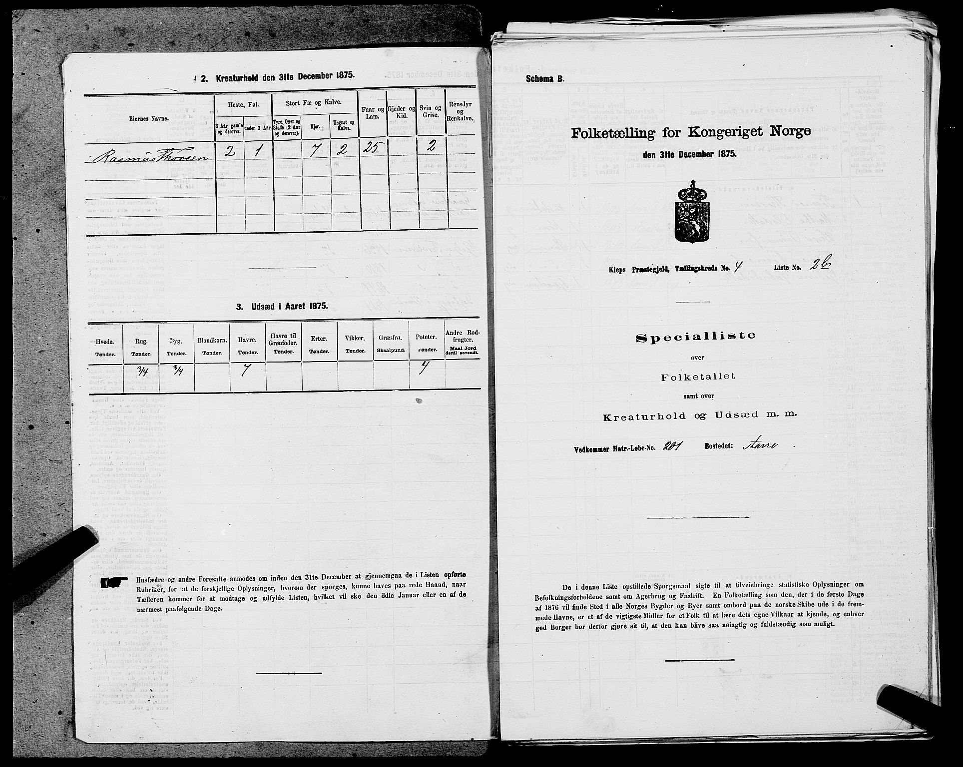 SAST, 1875 census for 1120P Klepp, 1875, p. 727