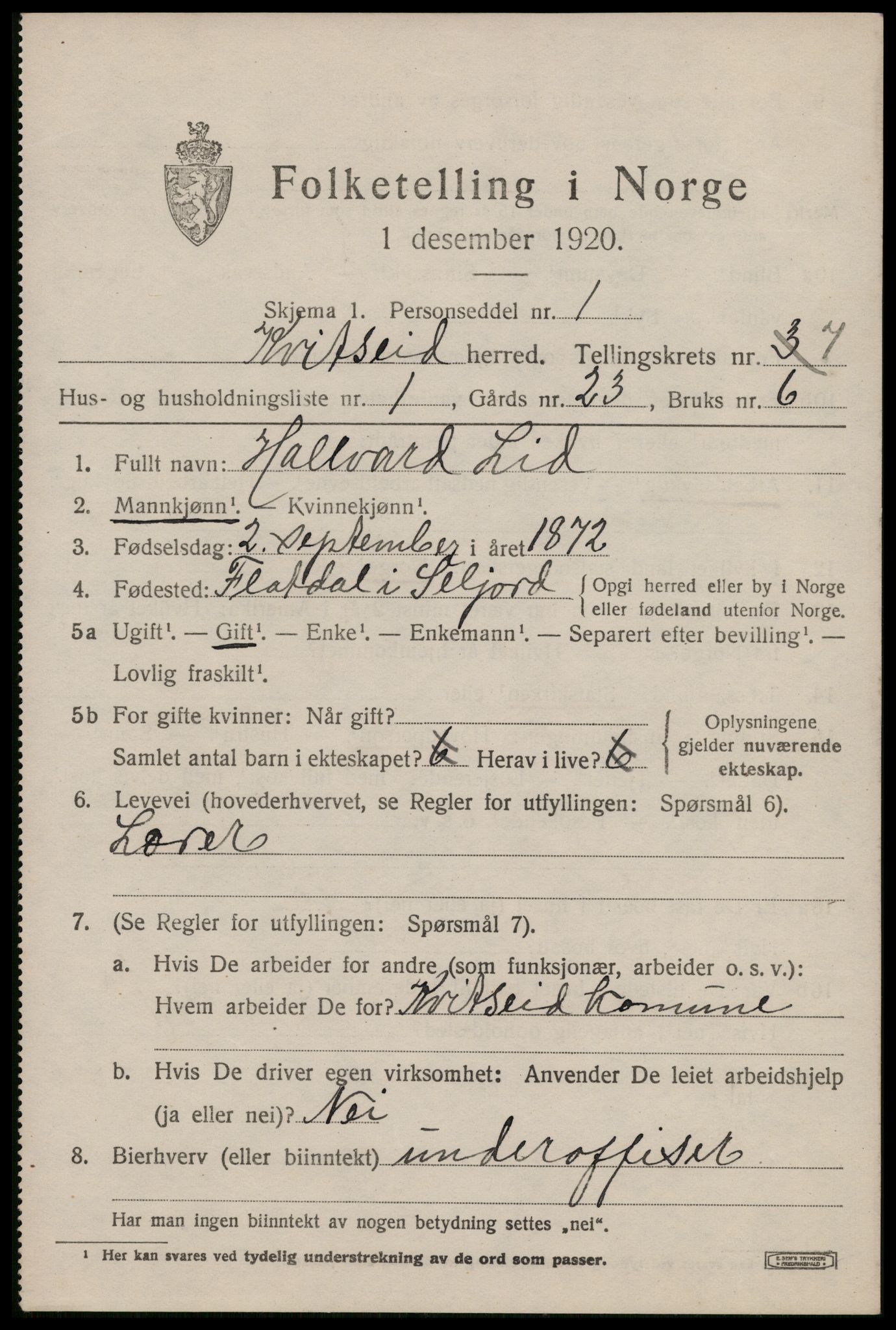 SAKO, 1920 census for Kviteseid, 1920, p. 3515