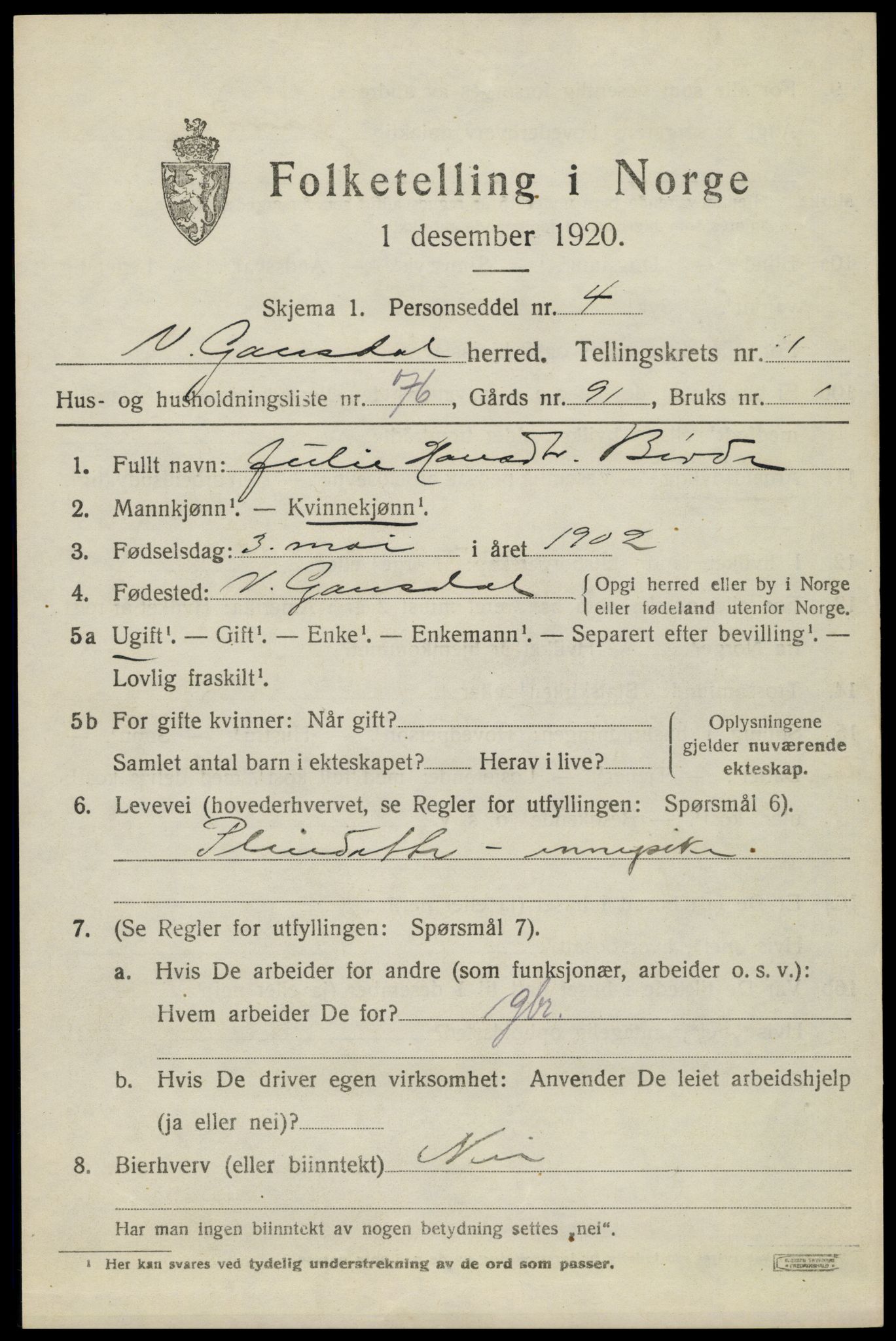 SAH, 1920 census for Vestre Gausdal, 1920, p. 1737