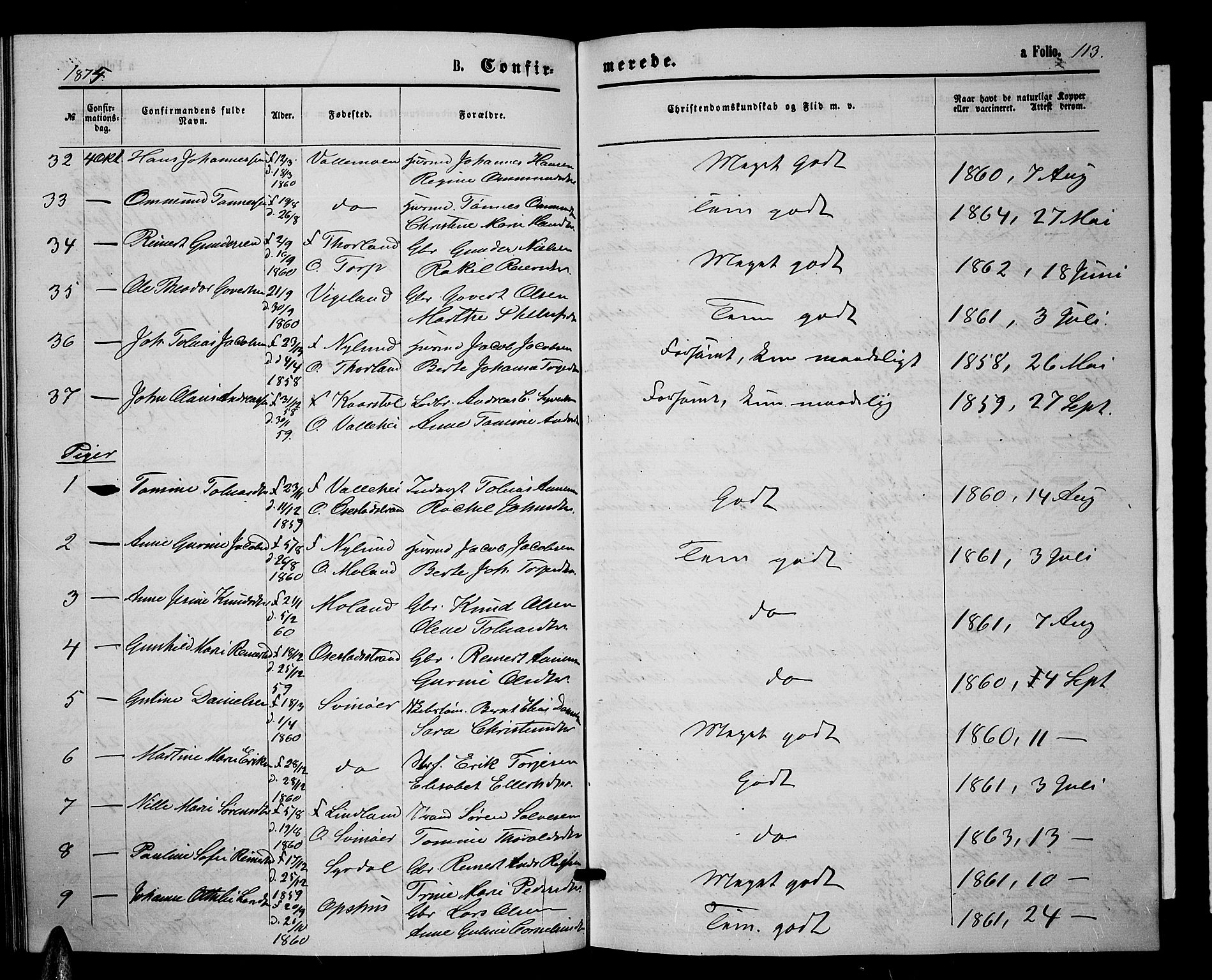 Sør-Audnedal sokneprestkontor, AV/SAK-1111-0039/F/Fb/Fbb/L0004: Parish register (copy) no. B 4, 1868-1879, p. 113