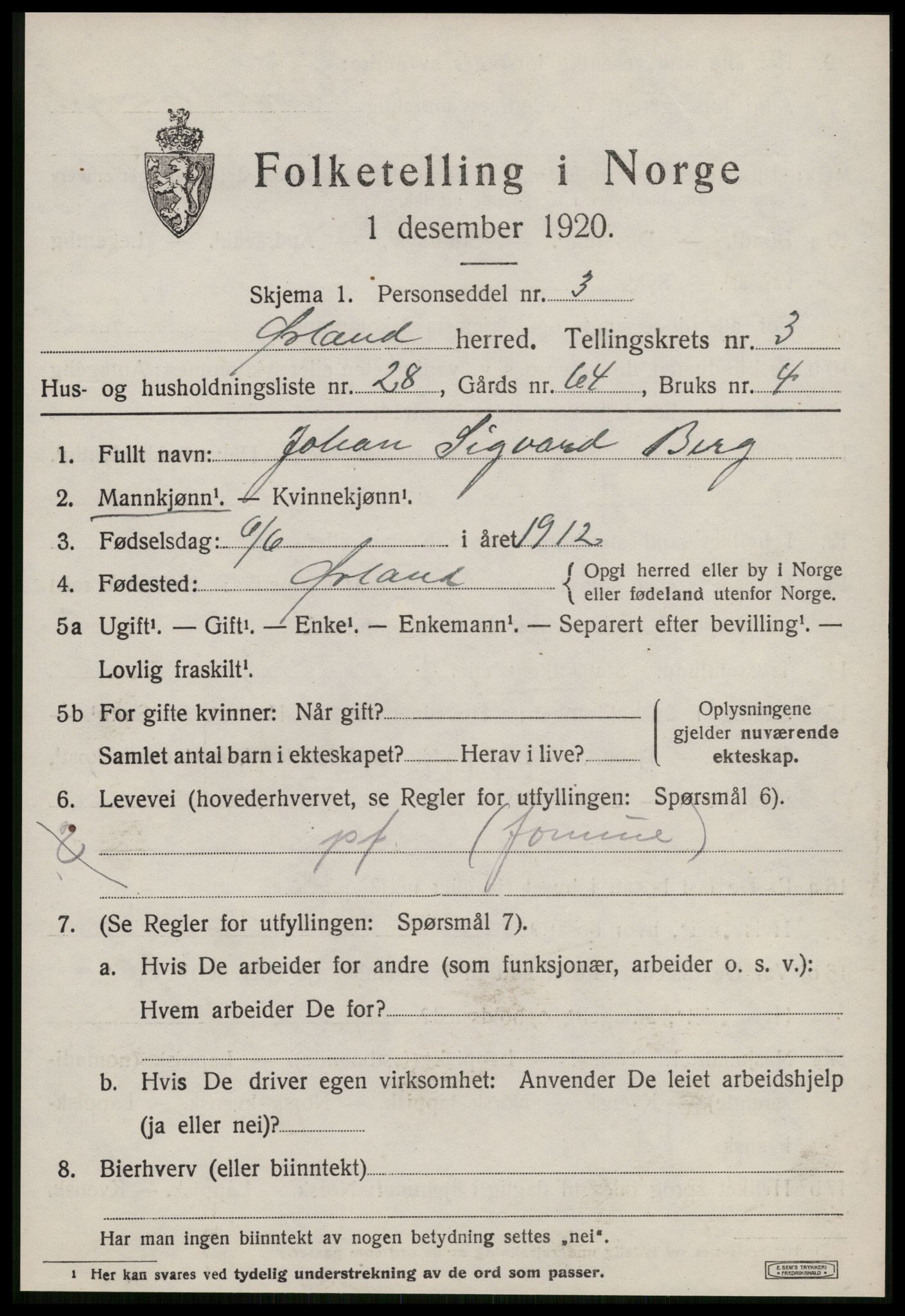 SAT, 1920 census for Ørland, 1920, p. 2815