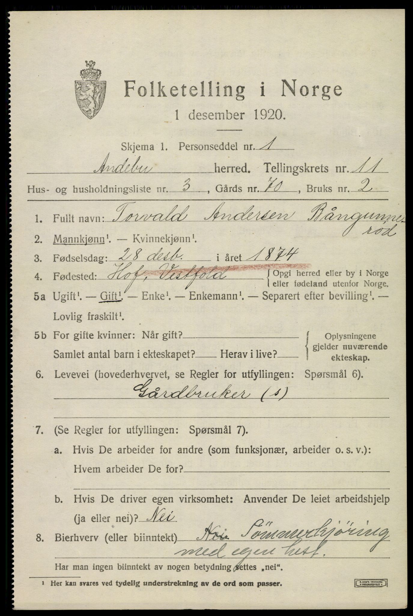 SAKO, 1920 census for Andebu, 1920, p. 4130