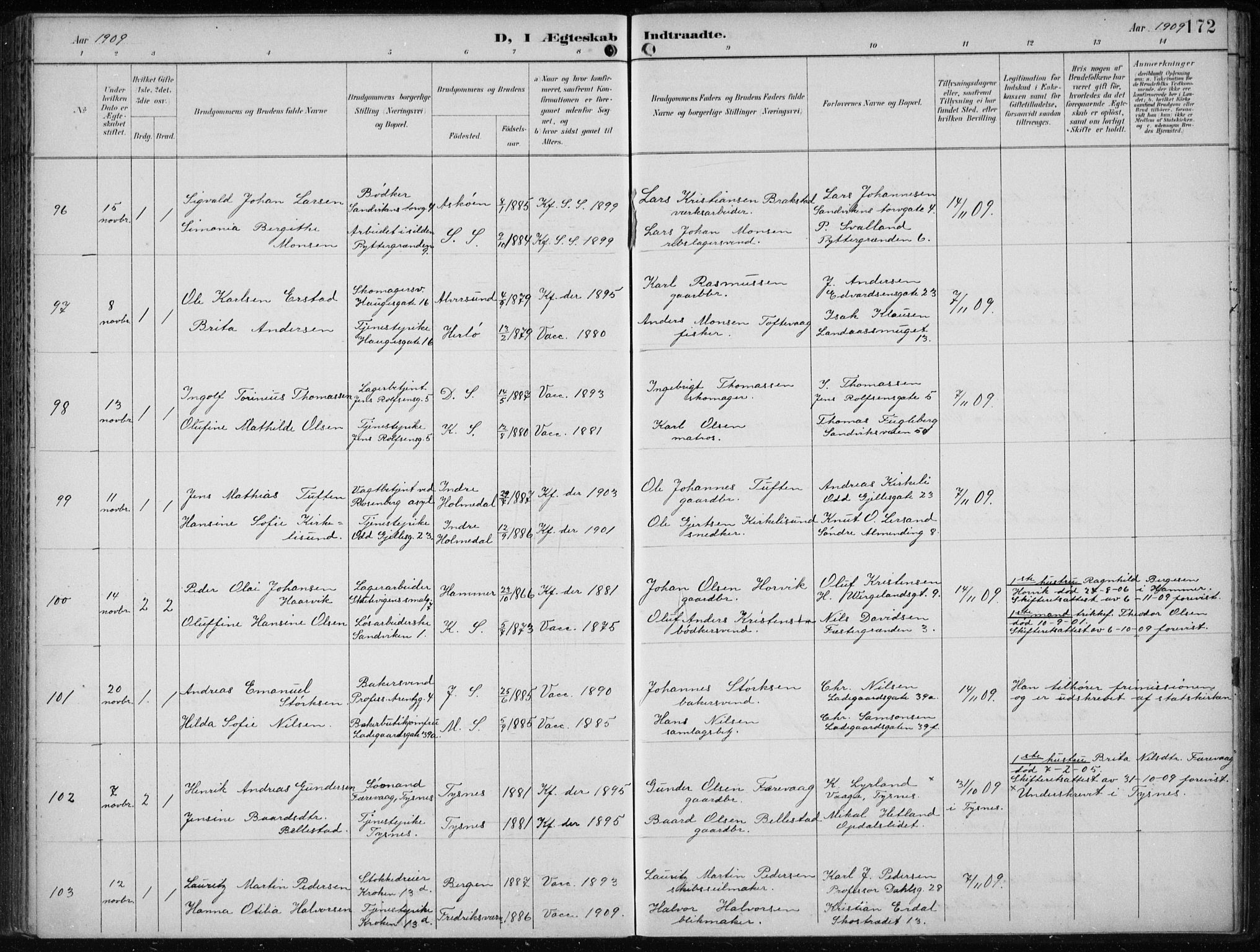 Sandviken Sokneprestembete, AV/SAB-A-77601/H/Ha/L0014: Parish register (official) no. D 1, 1896-1911, p. 172