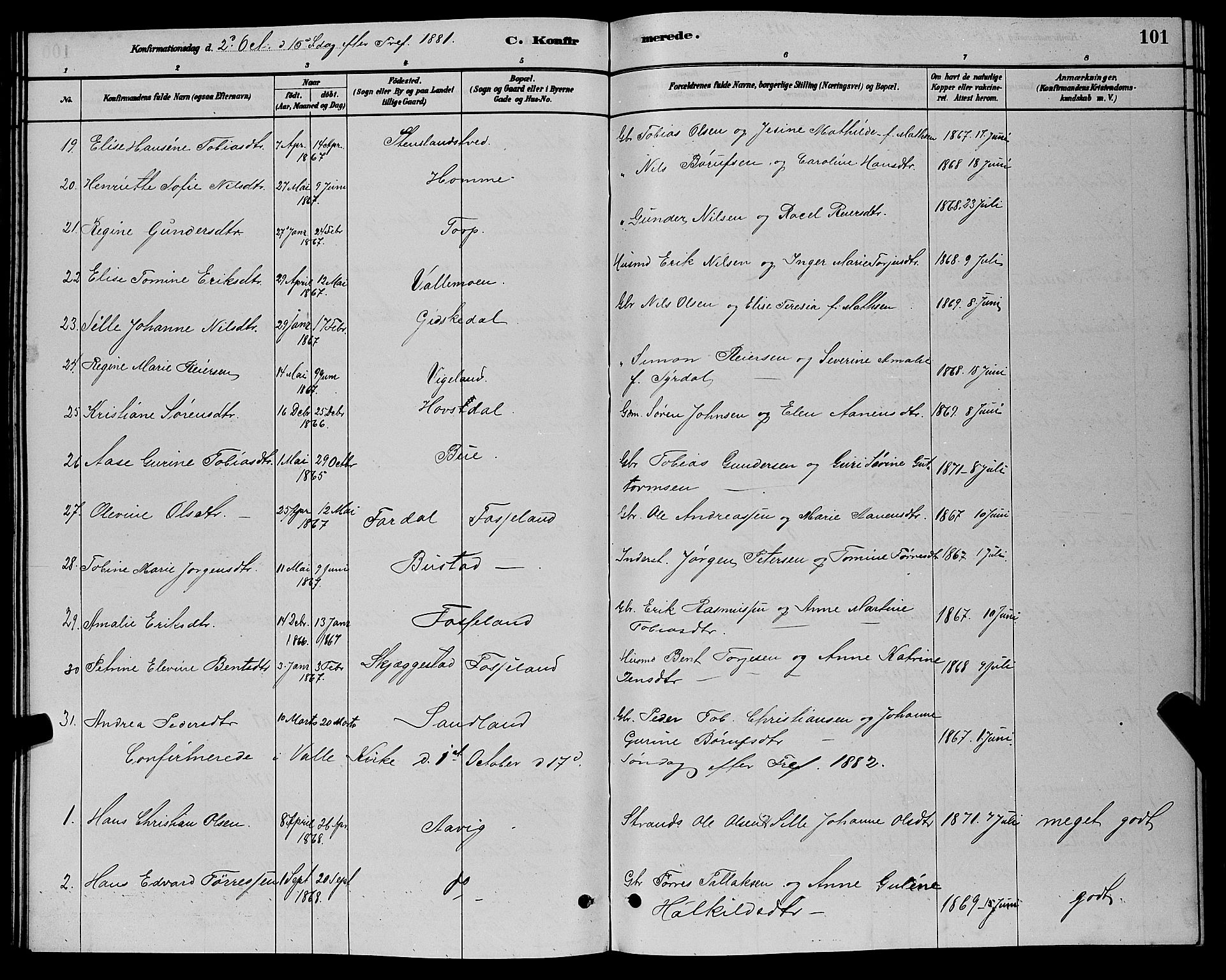 Sør-Audnedal sokneprestkontor, AV/SAK-1111-0039/F/Fb/Fbb/L0005: Parish register (copy) no. B 5, 1880-1892, p. 101