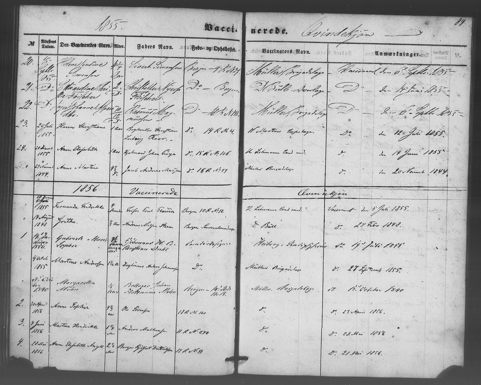 Domkirken sokneprestembete, SAB/A-74801/H/Haa/L0047: Parish register (official) no. F 2, 1852-1868, p. 84