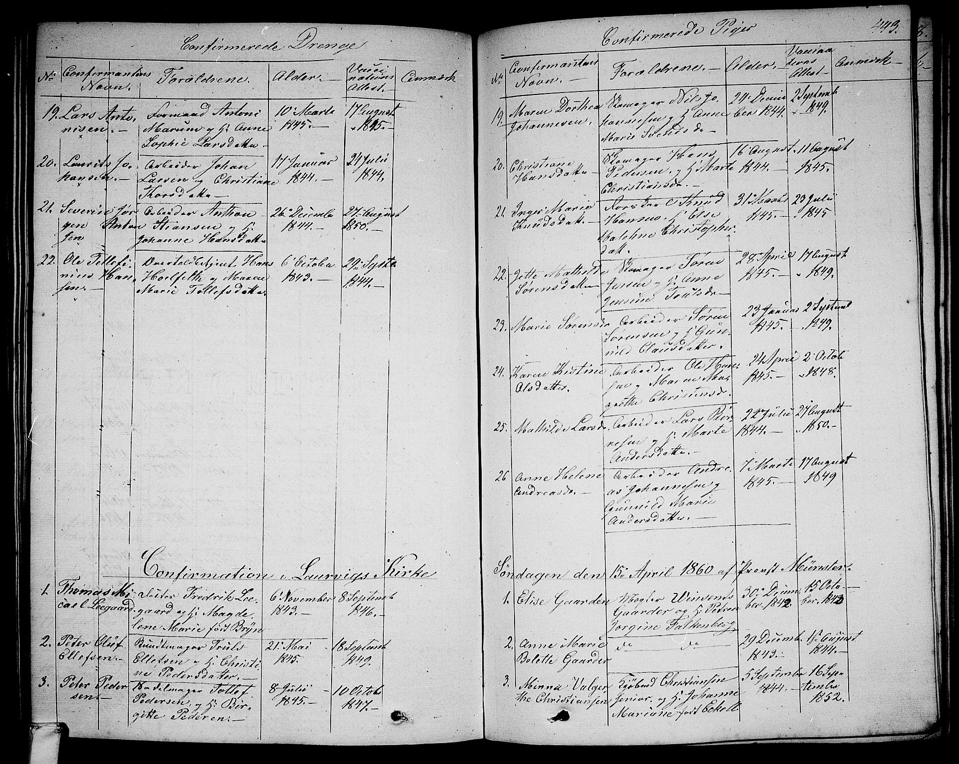 Larvik kirkebøker, AV/SAKO-A-352/G/Ga/L0003b: Parish register (copy) no. I 3B, 1830-1870, p. 443