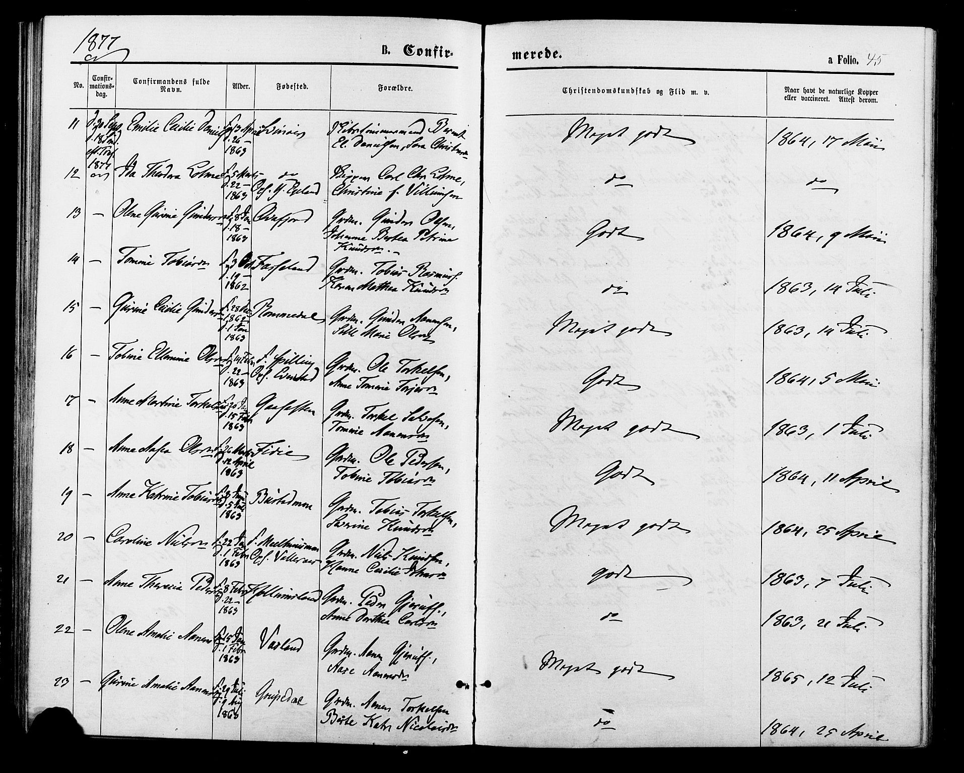 Sør-Audnedal sokneprestkontor, AV/SAK-1111-0039/F/Fa/Fab/L0008: Parish register (official) no. A 8, 1876-1881, p. 45