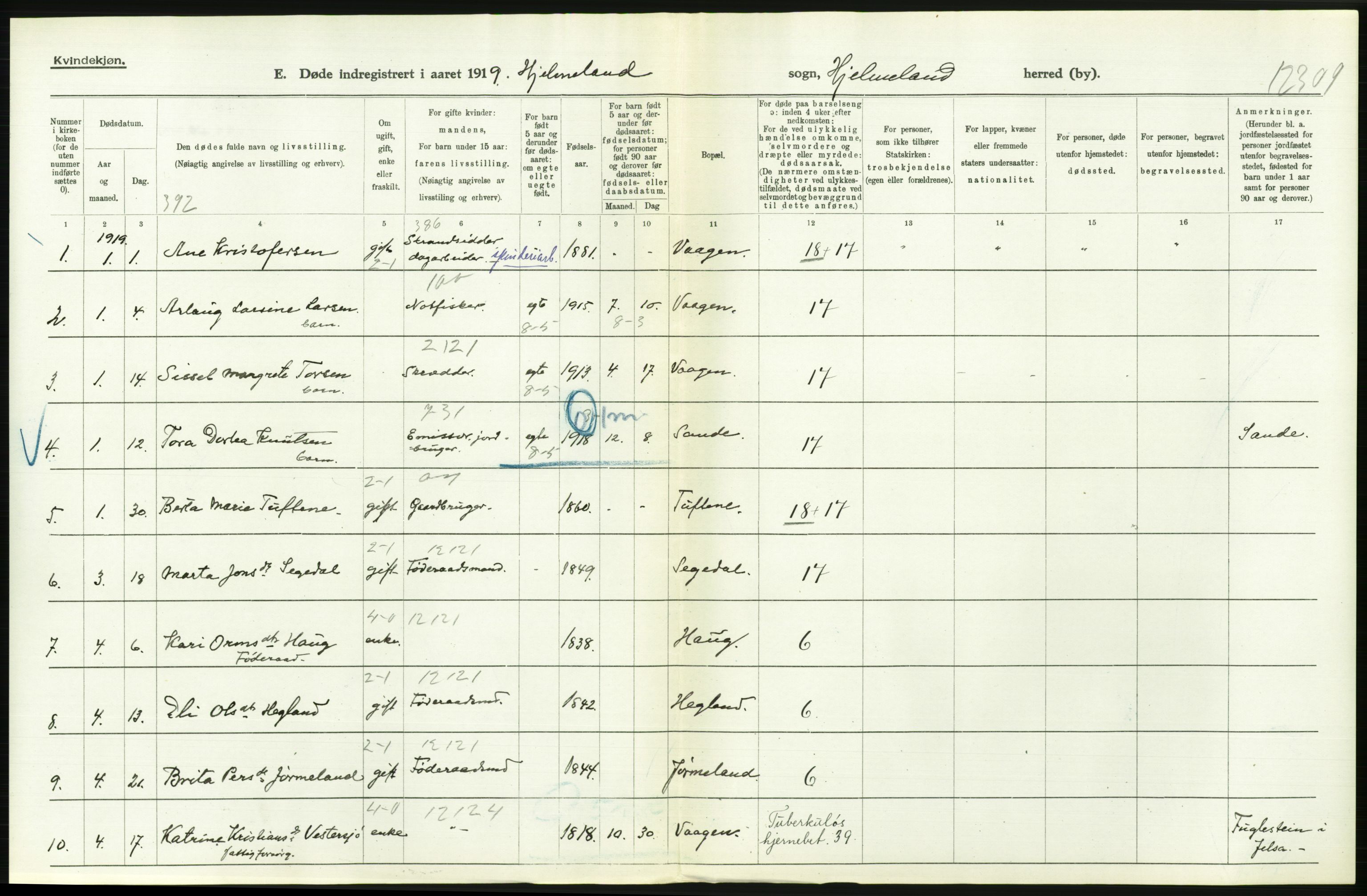 Statistisk sentralbyrå, Sosiodemografiske emner, Befolkning, AV/RA-S-2228/D/Df/Dfb/Dfbi/L0030: Rogaland fylke: Døde. Bygder og byer., 1919, p. 304