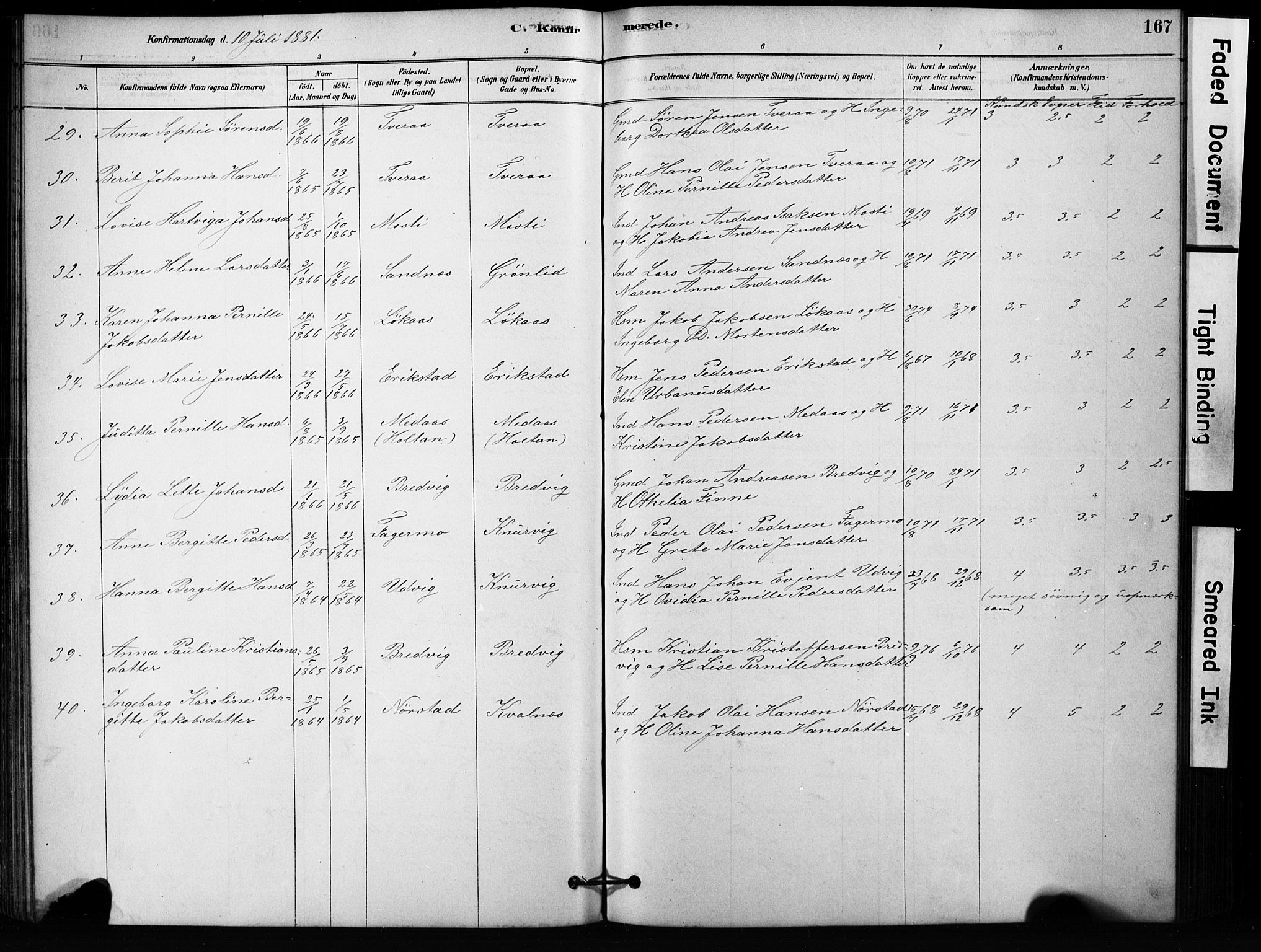 Ministerialprotokoller, klokkerbøker og fødselsregistre - Nordland, AV/SAT-A-1459/852/L0754: Parish register (copy) no. 852C05, 1878-1894, p. 167