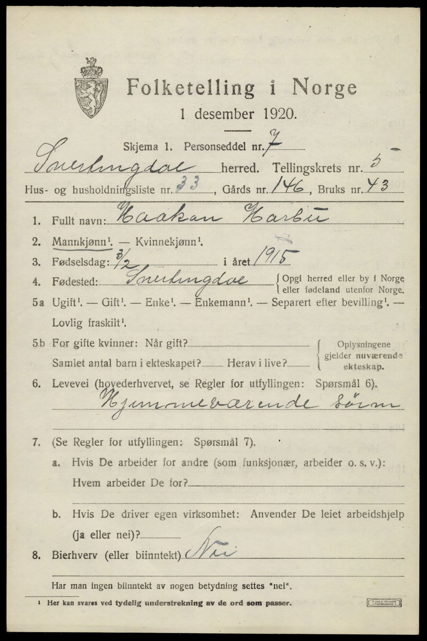 SAH, 1920 census for Snertingdal, 1920, p. 4689