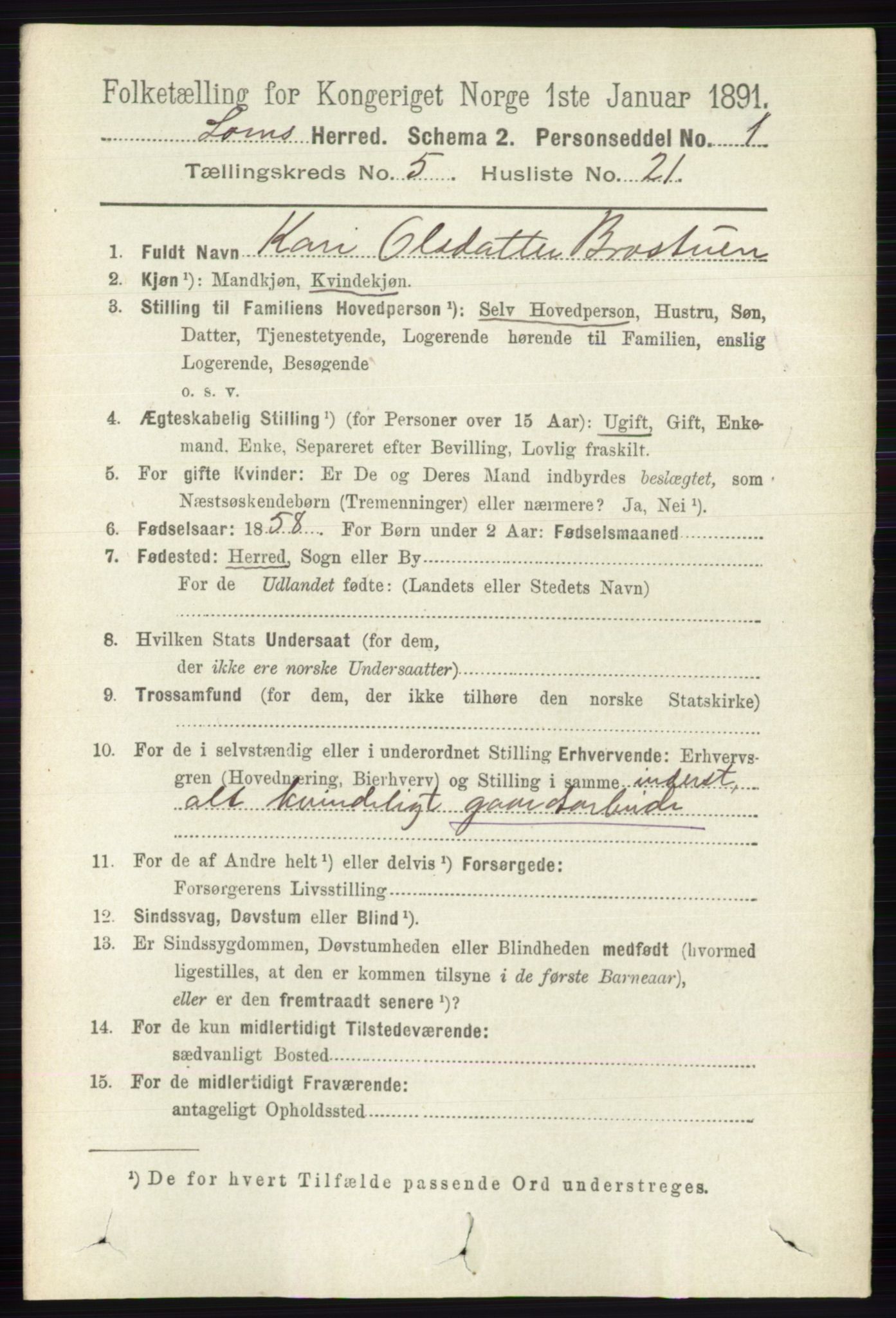 RA, 1891 census for 0514 Lom, 1891, p. 1965