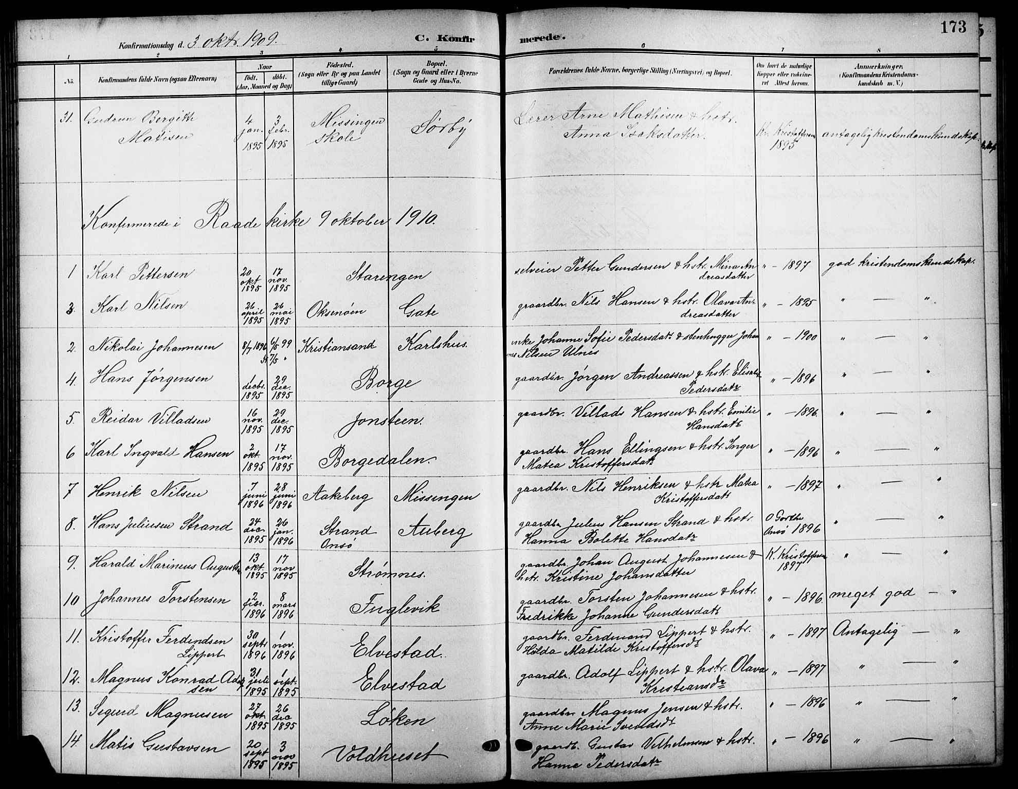 Råde prestekontor kirkebøker, AV/SAO-A-2009/G/Ga/L0001: Parish register (copy) no. 1, 1903-1925, p. 173