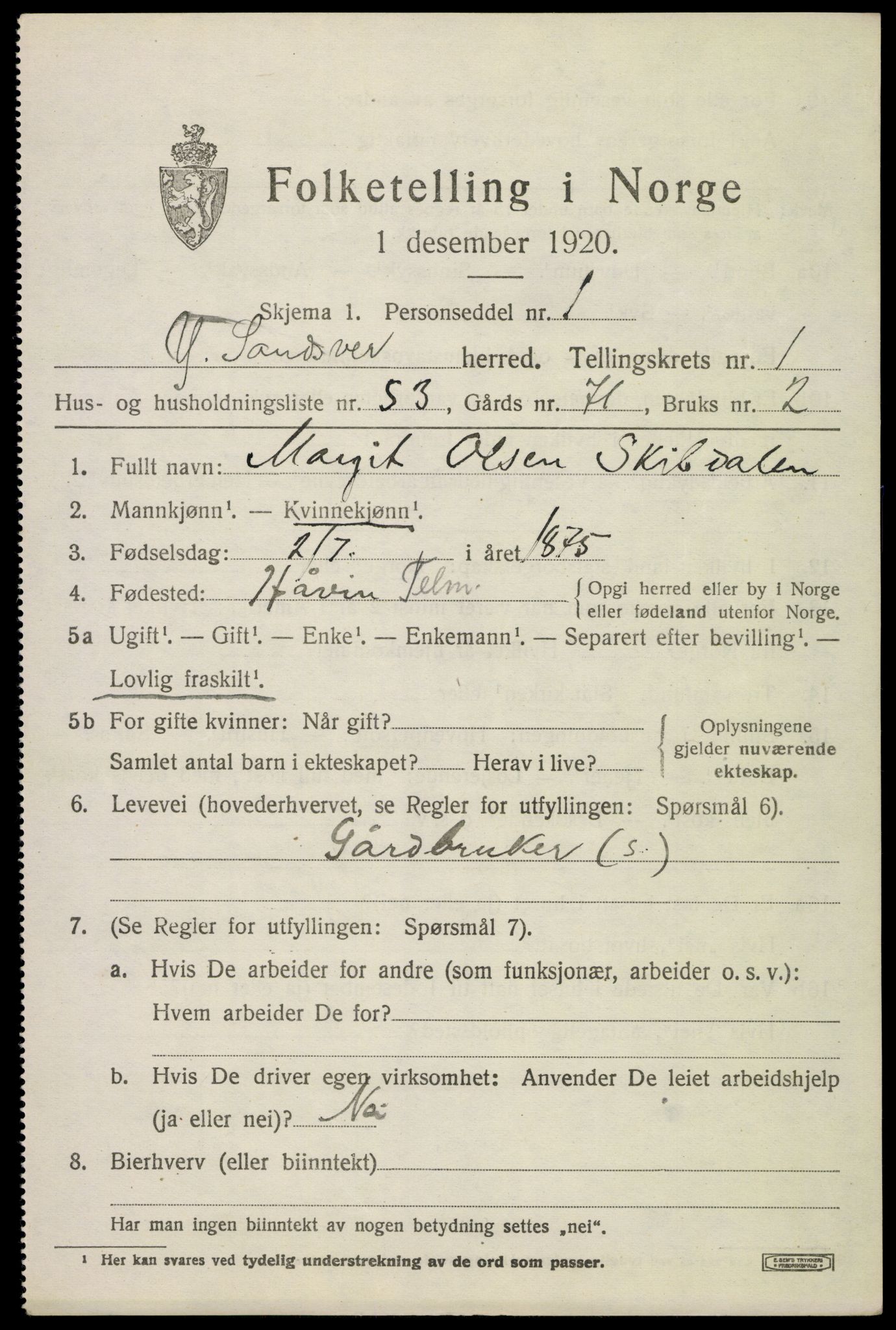 SAKO, 1920 census for Ytre Sandsvær, 1920, p. 1706