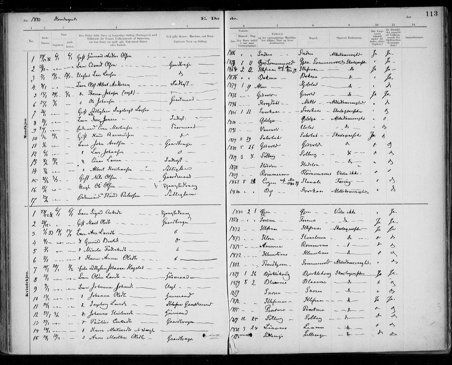 Ministerialprotokoller, klokkerbøker og fødselsregistre - Sør-Trøndelag, SAT/A-1456/668/L0810: Parish register (official) no. 668A10, 1881-1894, p. 113