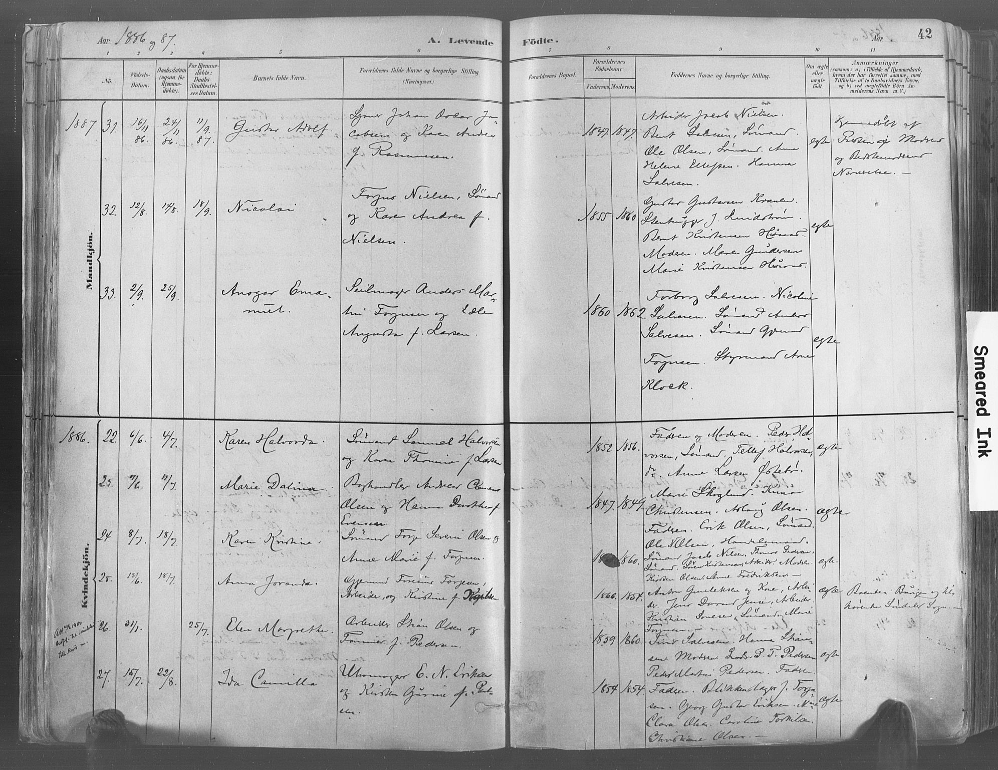 Risør sokneprestkontor, AV/SAK-1111-0035/F/Fa/L0005: Parish register (official) no. A 5, 1883-1895, p. 42