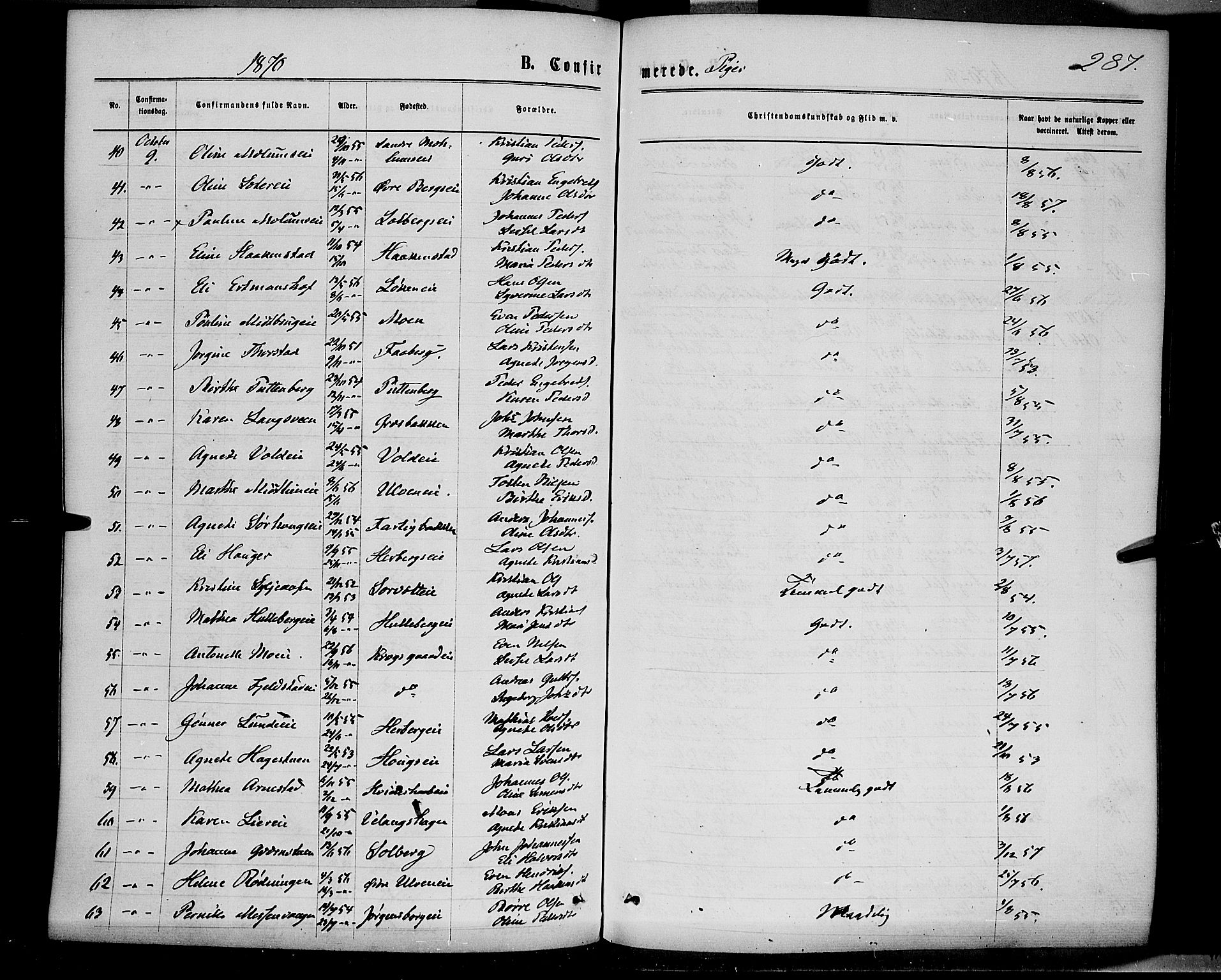 Ringsaker prestekontor, AV/SAH-PREST-014/K/Ka/L0011: Parish register (official) no. 11, 1870-1878, p. 287