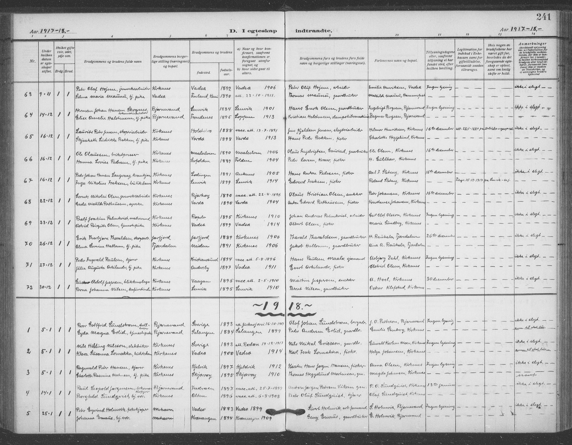 Sør-Varanger sokneprestkontor, SATØ/S-1331/H/Ha/L0005kirke: Parish register (official) no. 5, 1909-1919, p. 241