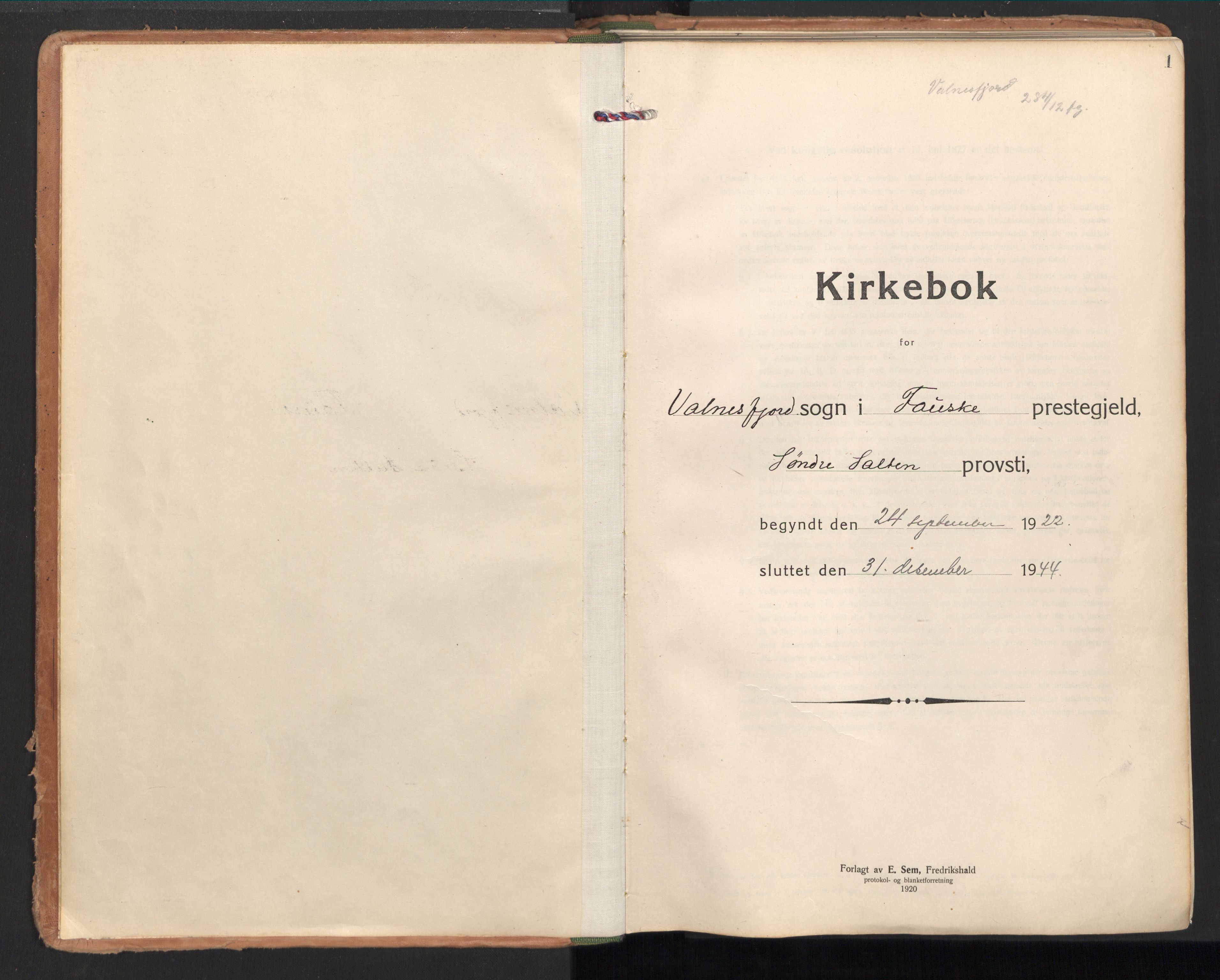 Ministerialprotokoller, klokkerbøker og fødselsregistre - Nordland, SAT/A-1459/851/L0725: Parish register (official) no. 851A02, 1922-1944, p. 1
