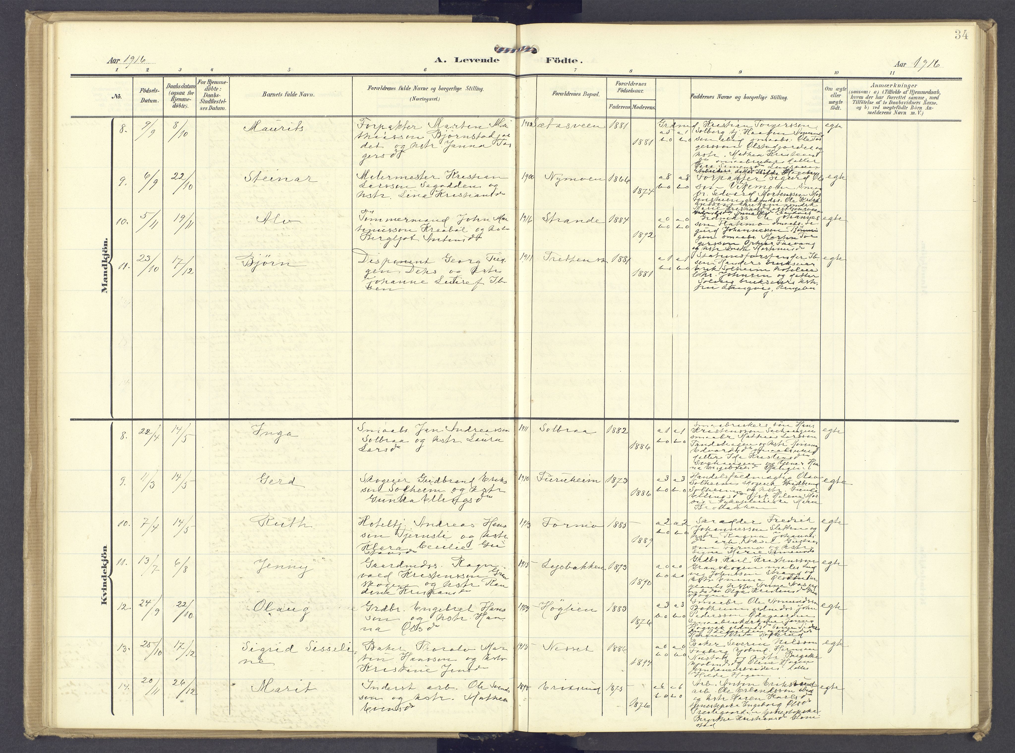 Øyer prestekontor, SAH/PREST-084/H/Ha/Haa/L0013: Parish register (official) no. 13, 1905-1920, p. 34