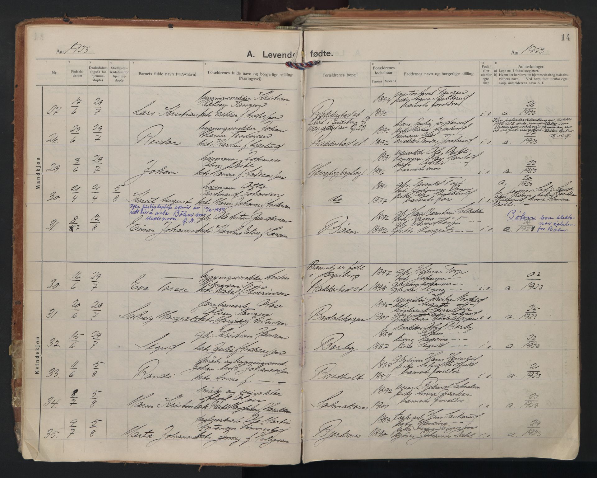 Rakkestad prestekontor Kirkebøker, AV/SAO-A-2008/F/Fa/L0016: Parish register (official) no. I 16, 1922-1943, p. 14