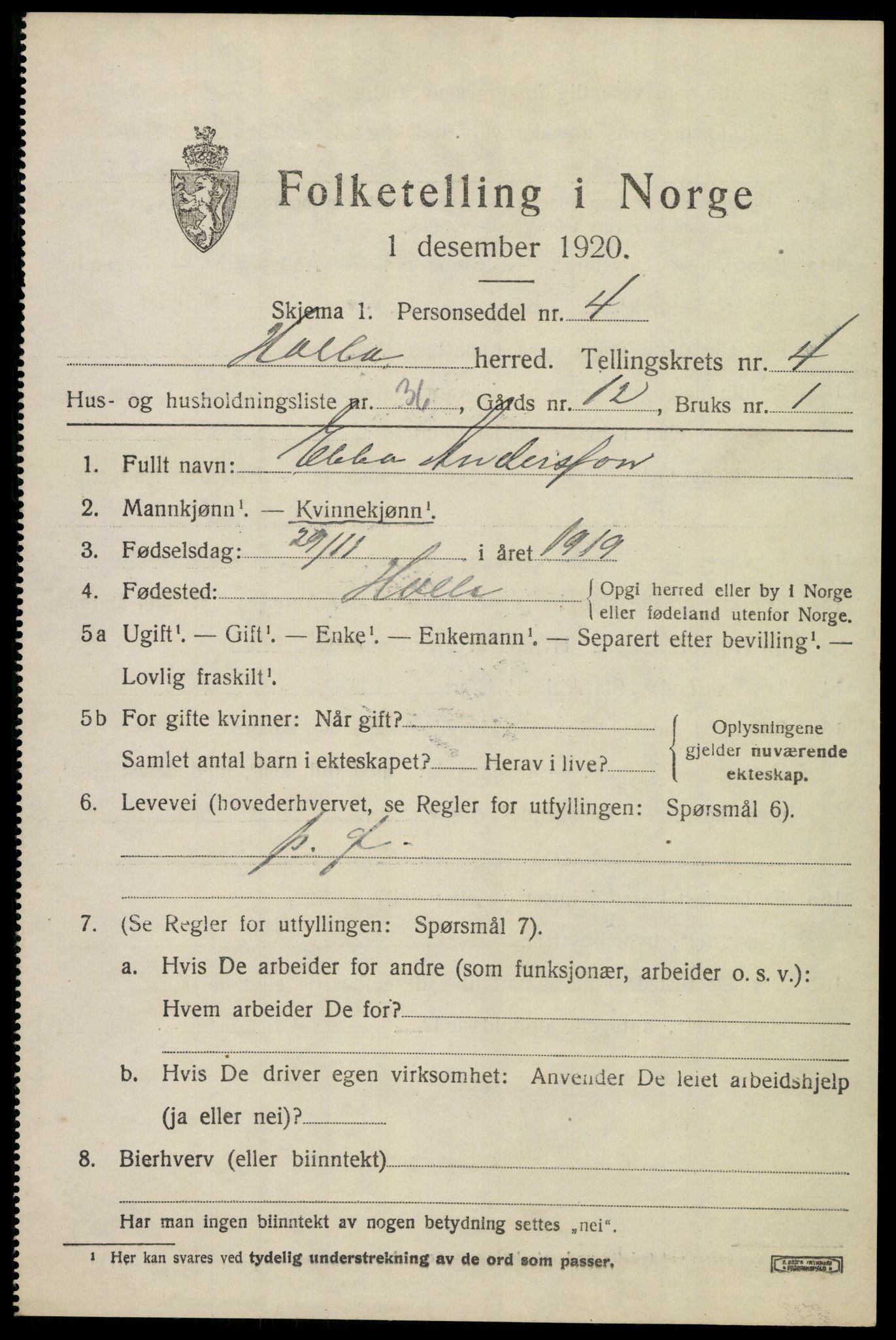 SAKO, 1920 census for Holla, 1920, p. 4065