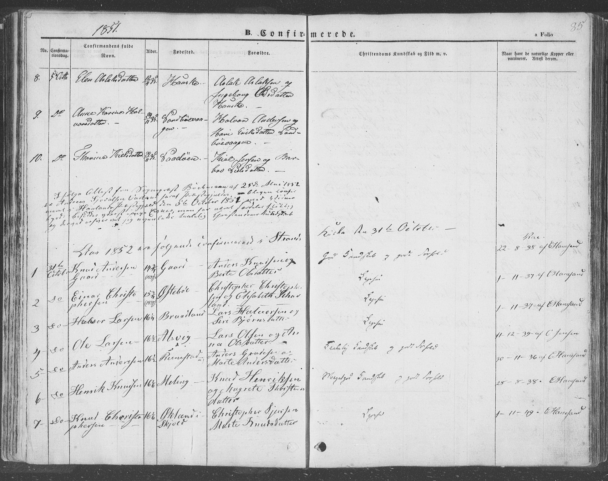 Finnøy sokneprestkontor, SAST/A-101825/H/Ha/Haa/L0007: Parish register (official) no. A 7, 1847-1862, p. 85