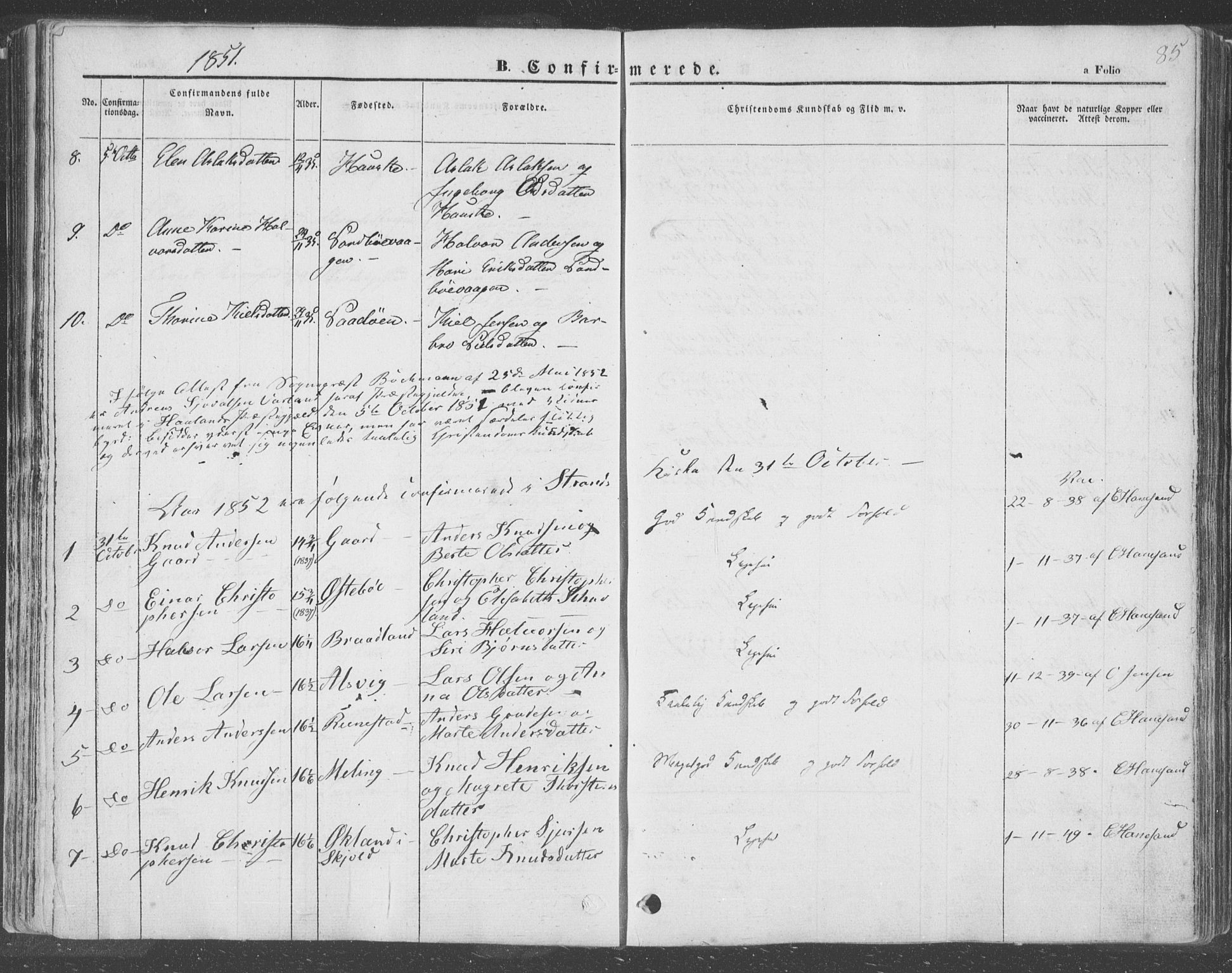 Finnøy sokneprestkontor, AV/SAST-A-101825/H/Ha/Haa/L0007: Parish register (official) no. A 7, 1847-1862, p. 85