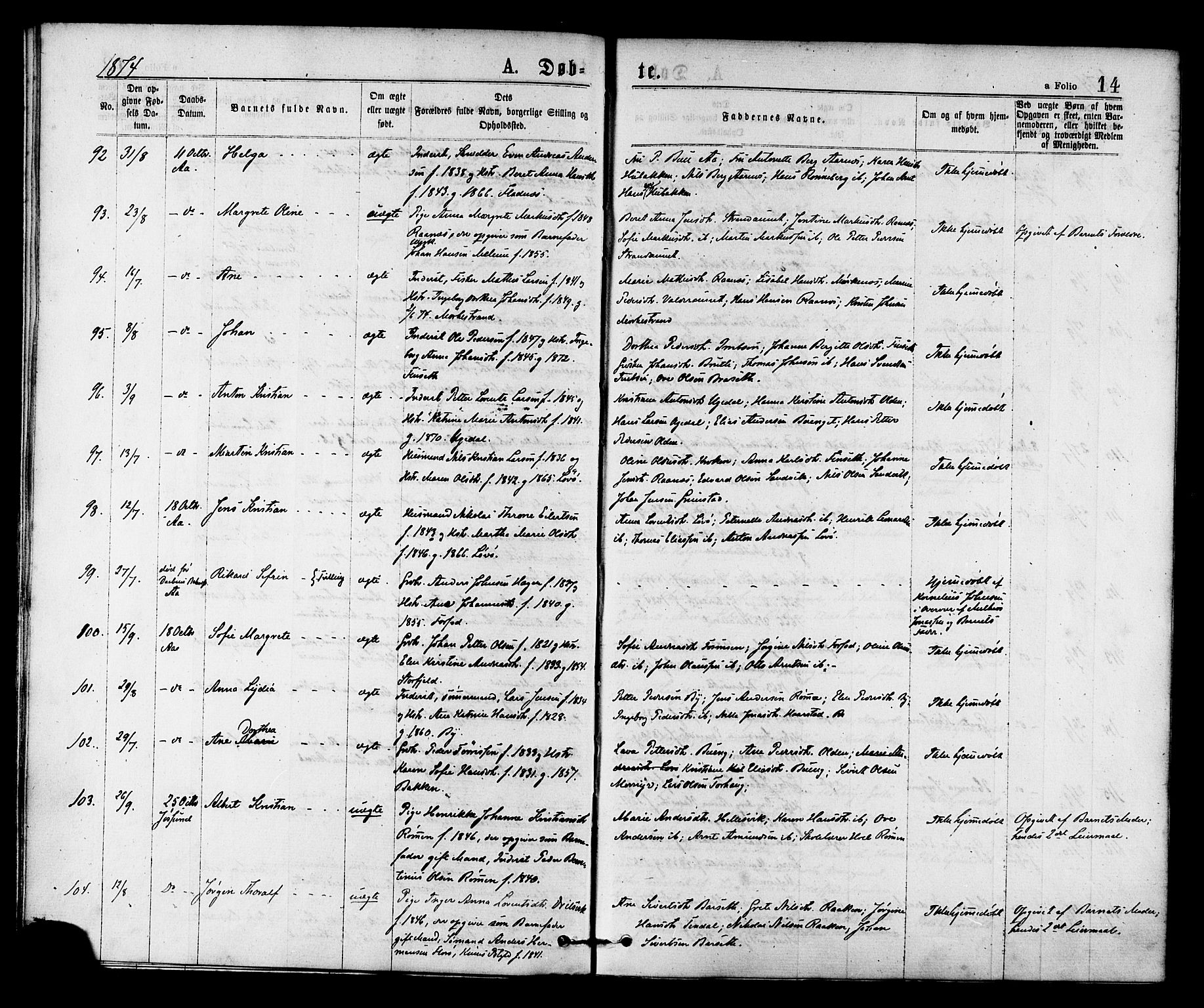 Ministerialprotokoller, klokkerbøker og fødselsregistre - Sør-Trøndelag, AV/SAT-A-1456/655/L0679: Parish register (official) no. 655A08, 1873-1879, p. 14