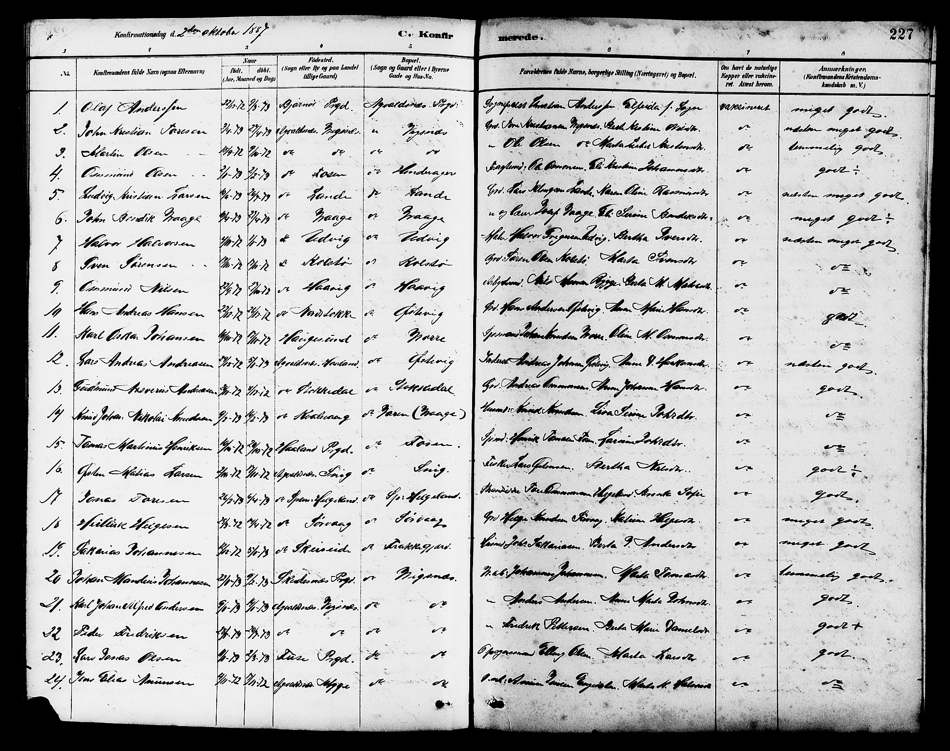 Avaldsnes sokneprestkontor, SAST/A -101851/H/Ha/Hab/L0007: Parish register (copy) no. B 7, 1885-1909, p. 227